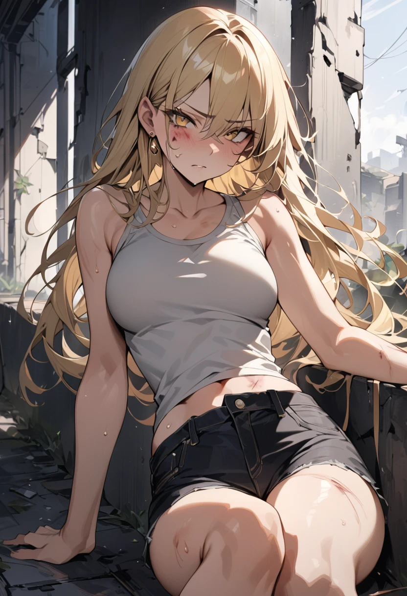 (best quality, masterpiece) ((1girl)), ((sole female)), woman, thicc, big cleavage, angry, hot-headed, gyaru, tanned skin, ((abs)) (dark skin) black eyes, blonde hair, messy hair, ((((tank tops)))), sloppy, sitting in floor, messy table, empty canned beers, inside a house