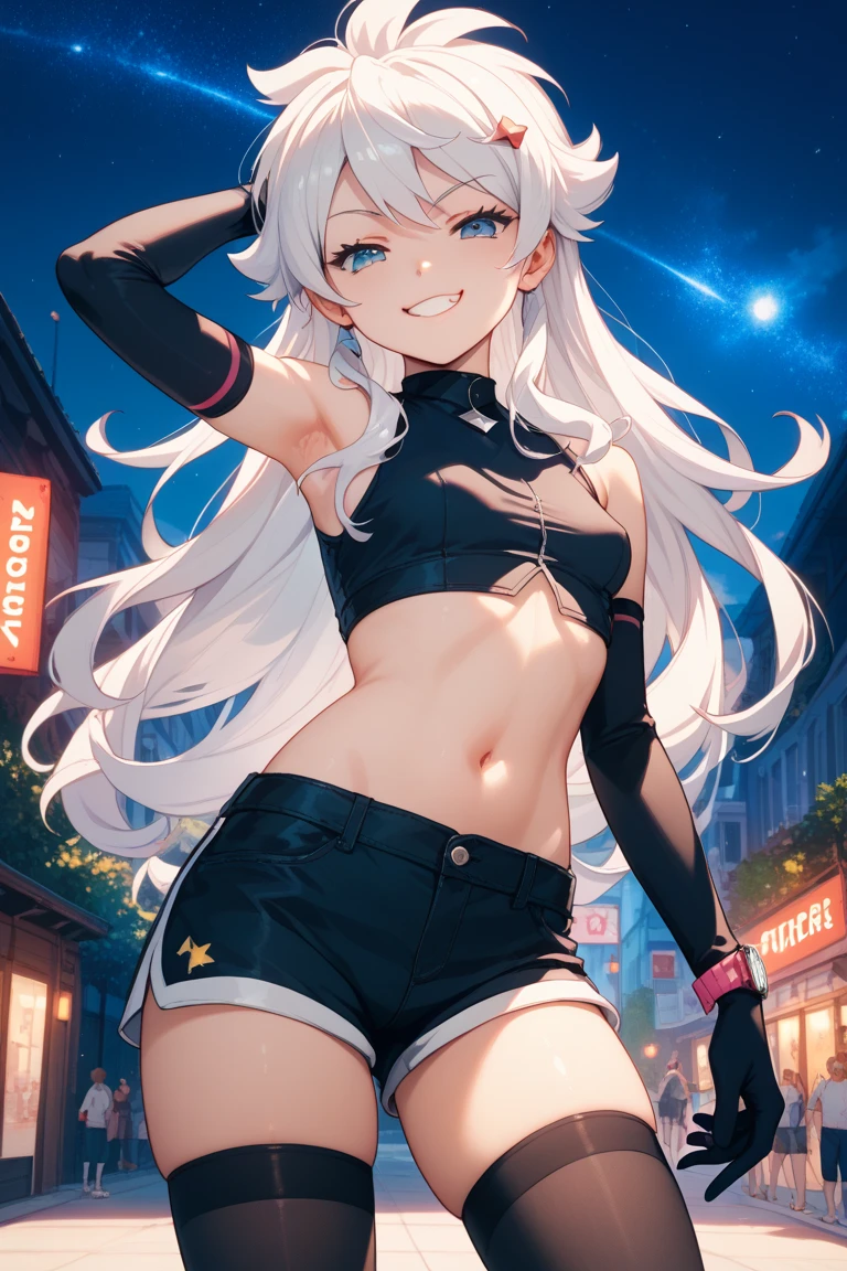 ((masterpiece、Highest quality、Very detailed))、One person、((Brown skin:1.3))、Blonde、Long Hair、Straight Hair、Grey Eyes、evil smile、((lots of piercing))、((Small breasts))、((Black turtleneck))、No sleeve、((belly button))、((white jacket))、Off the shoulder、((denim pencilskirt))、thighhighs、Cowboy Shot、City Background