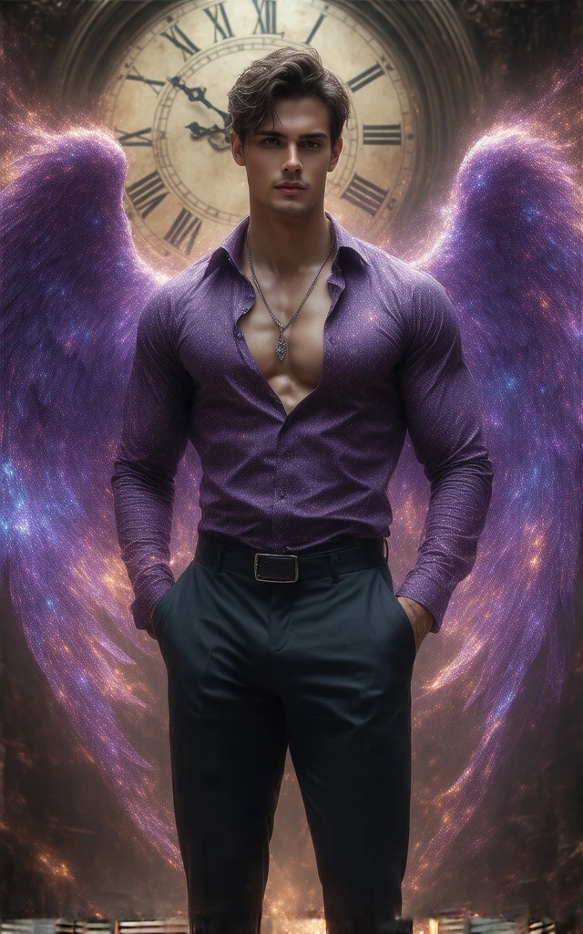 Disney style, (masterpiece), HD, 8K, detailed face, expressive eyes, perfect face, high quality, 1man, looks like Manuel Kornisiuk, fractal gauntlets, electriciy eyes, detailed crotch bulge, exposed chest, body hair, hairy chest, wizard casting a spell and purple electricity body, detailed background, depth of field, night, detailed cosmic sky, wheat field, outdoors, manuelkornisiuk person, smiling,