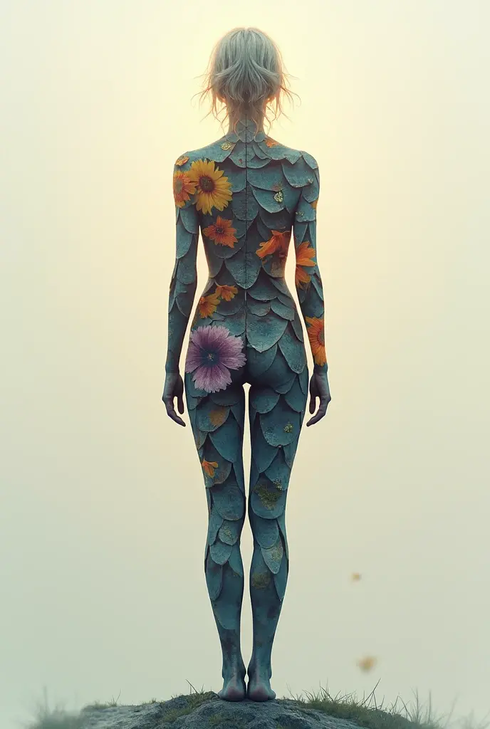 a full-body portrait of a woman with intricate tattoos depicting the Garden of Eden. The tattoos should feature detailed images of Adam and Eve, the Tree of Knowledge, and various animals and plants. The woman should be standing in a natural, serene pose, with a soft, ethereal background that complements the theme of the tattoos. Ensure the tattoos are clearly visible and detailed