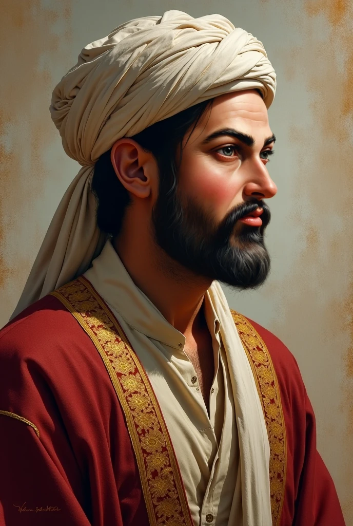 um close up de um homem com barba usando turbantete, retrato colorido detalhado, retrato detalhado do caractere, usando um turbantete, turbante, handsome prince of persia, detailed illustration portrait, portrait of bedouin d&d, digital illustration portrait, inspirado em Altoon Sultan, arab man light beard, retrato de alta qualidade, retrato detalhado, Retrato de um hidromancer macho