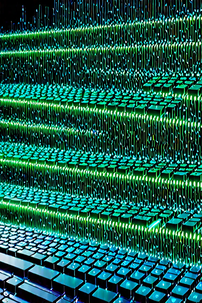 Create a realistic and futuristic image of an illuminated keyboard, with Python programming codes coming out of it as a hologram or digital data stream. Lines of code should glow softly, with blue and greenish hues, creating a modern and technological effect. The background must be dark and minimalist, with a slight neon effect to highlight the high-tech atmosphere. The composition must convey innovation and the essence of programming, with subtle details such as mathematical symbols, graphics and Python code structures floating in the air. The image must be detailed and visually impactful.
