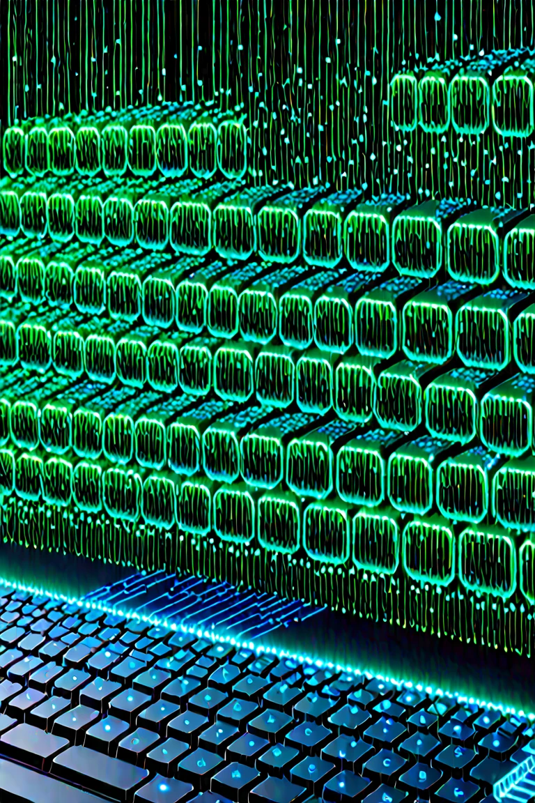 Create a realistic and futuristic image of an illuminated keyboard, with Python programming codes coming out of it as a hologram or digital data stream. Lines of code should glow softly, with blue and greenish hues, creating a modern and technological effect. The background must be dark and minimalist, with a slight neon effect to highlight the high-tech atmosphere. The composition must convey innovation and the essence of programming, with subtle details such as mathematical symbols, graphics and Python code structures floating in the air. The image must be detailed and visually impactful.