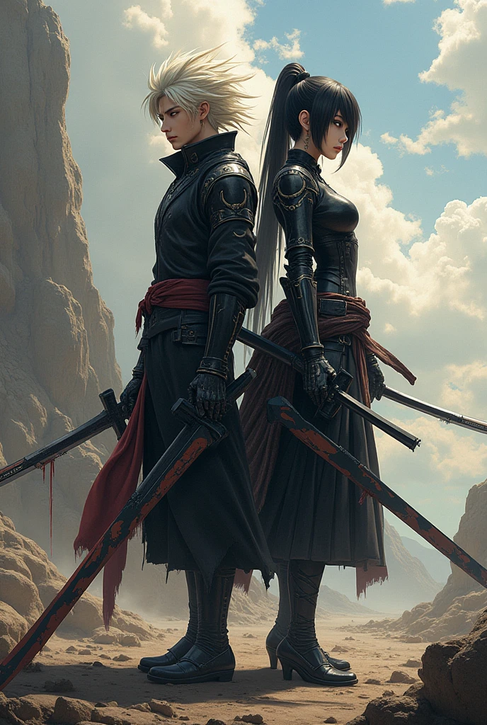 there are two people standing on a bridge with a guitar, with a male pirate partner, <mmorpgs scene, wielding a katana, wearing kimono armour, clothed in old samurai uniform, wearing kimono armor, pc screenshot, second life avatar, ruan jia and brom, looking this way, wearing cultist red robe, in game