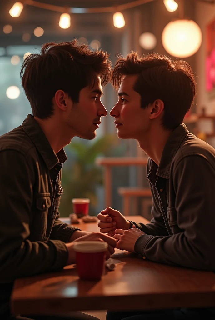 Two men having dinner together in a restaurant. They are looking at each other sitting opposite each other at a table.