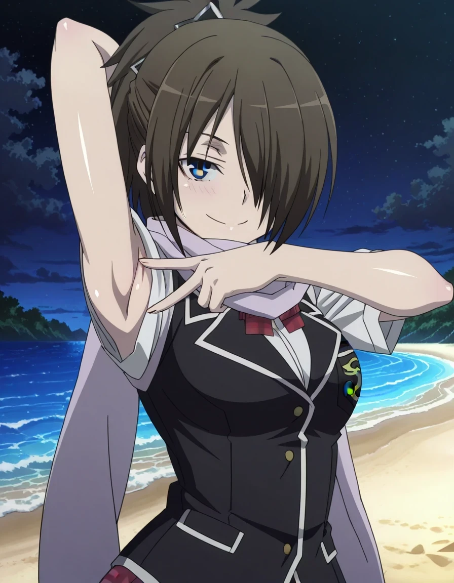 Levi Kazama (character), Levi school uniform (outfit), anime coloring, anime screencap, solo, scarf, hair over one eye, brown hair, blue eyes, school uniform, ponytail, shiny skin, high quality, solo, upper body, (contrapposto), v, spread armpit, presenting armpit, closed mouth, night sky, beach, looking at viewer, smile, best quality
