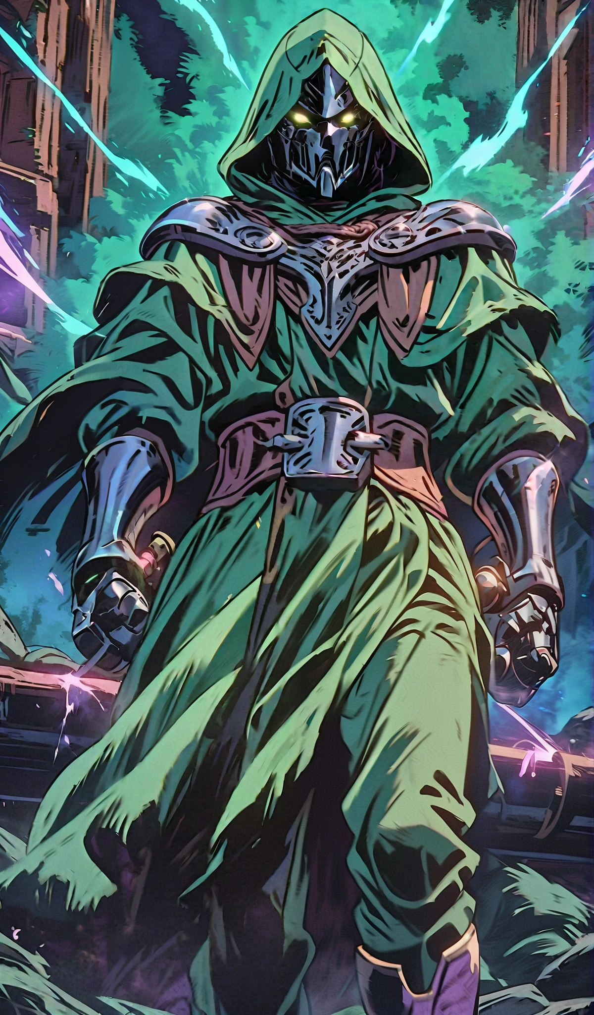 Drawn in 80’s anime art style.
Retro anime. Vintage Anime. Classical Anime.
The outfit is a highly recognizable and iconic superhero suit, primarily green and black, designed for both style and functionality. Here’s a detailed breakdown of its elements:
This person’s combat attire is a fusion of medieval warlord aesthetics, cutting-edge technology, and dark sorcery. He wears a cold, expressionless metal mask fused to his scarred face, paired with a reinforced helmet for added protection. His titanium alloy armor, sometimes infused with vibranium, grants superhuman strength, energy projection, and force field generation, making him nearly indestructible. Over this, he dons a fire-resistant green cloak and hood, often enchanted for extra defense. His gauntlets and boots contain built-in electrical weapons, jet propulsion for flight, and shock-absorption systems. A utility belt holds advanced gadgets, anti-magic tools, and teleportation devices, while his armor is infused with sorcery, allowing him to resist and counter magical attacks. His regal golden clasps, bearing the Latverian insignia, sometimes function as power sources or communication devices. This fearsome combination of strength, science, and sorcery makes them an unstoppable force on the battlefield.
This outfit not only provides protection but also enhances the Superhero’s combat capabilities, making them an effective and stylish anti-hero.
