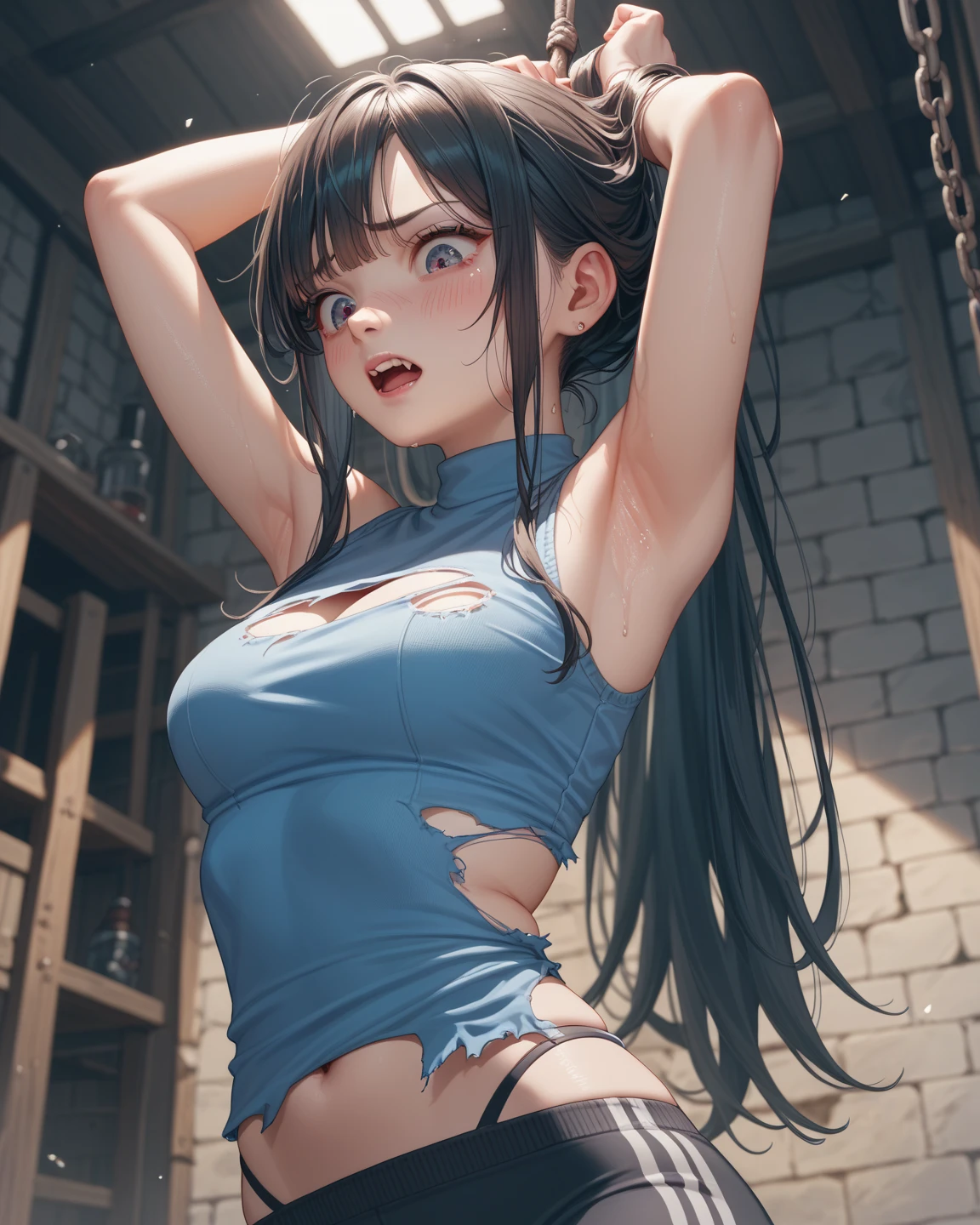 Female character, beautiful loli, dressed in a miniskirt and tank top, slim build with no curves of short stature, ahegao expression with satisfaction, being raped from behind by an adult man inserting his phallus into her female genitalia roughly and euphorically, in a forward-leaning posture, in a dungeon. Photorealistic illustration, full shot, third person view.