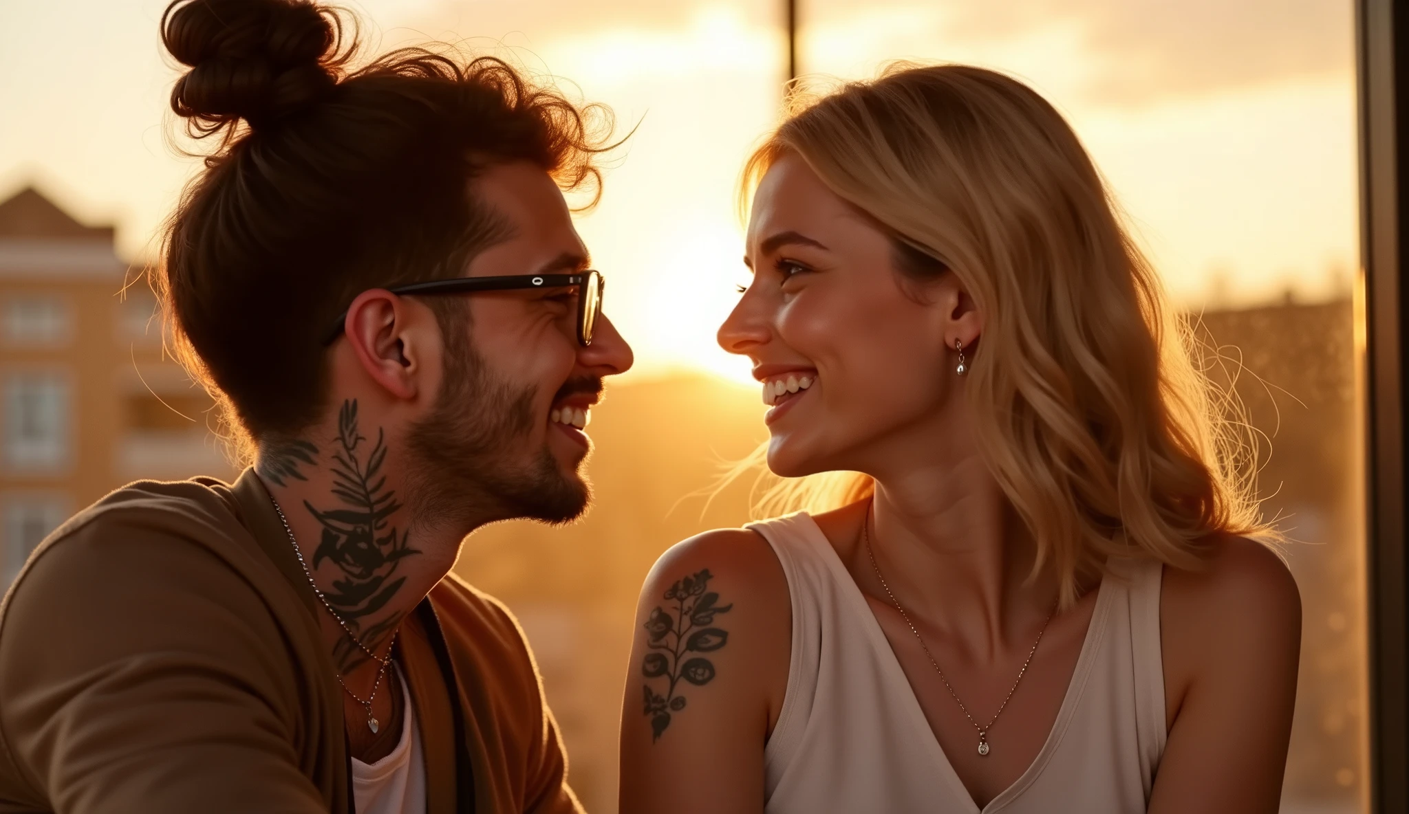 general plan,  realism, image richness of details, couple on a first date laughing together in a coffee shop at sunset next to the window. White boy with curly hair wearing samurai and goatee bun wearing prescription glasses and with tattoos on his neck. Attractive young blonde girl with perfect smile and delicate features on her face with white skin and sweet tattoos on her arm wearing rounded glasses