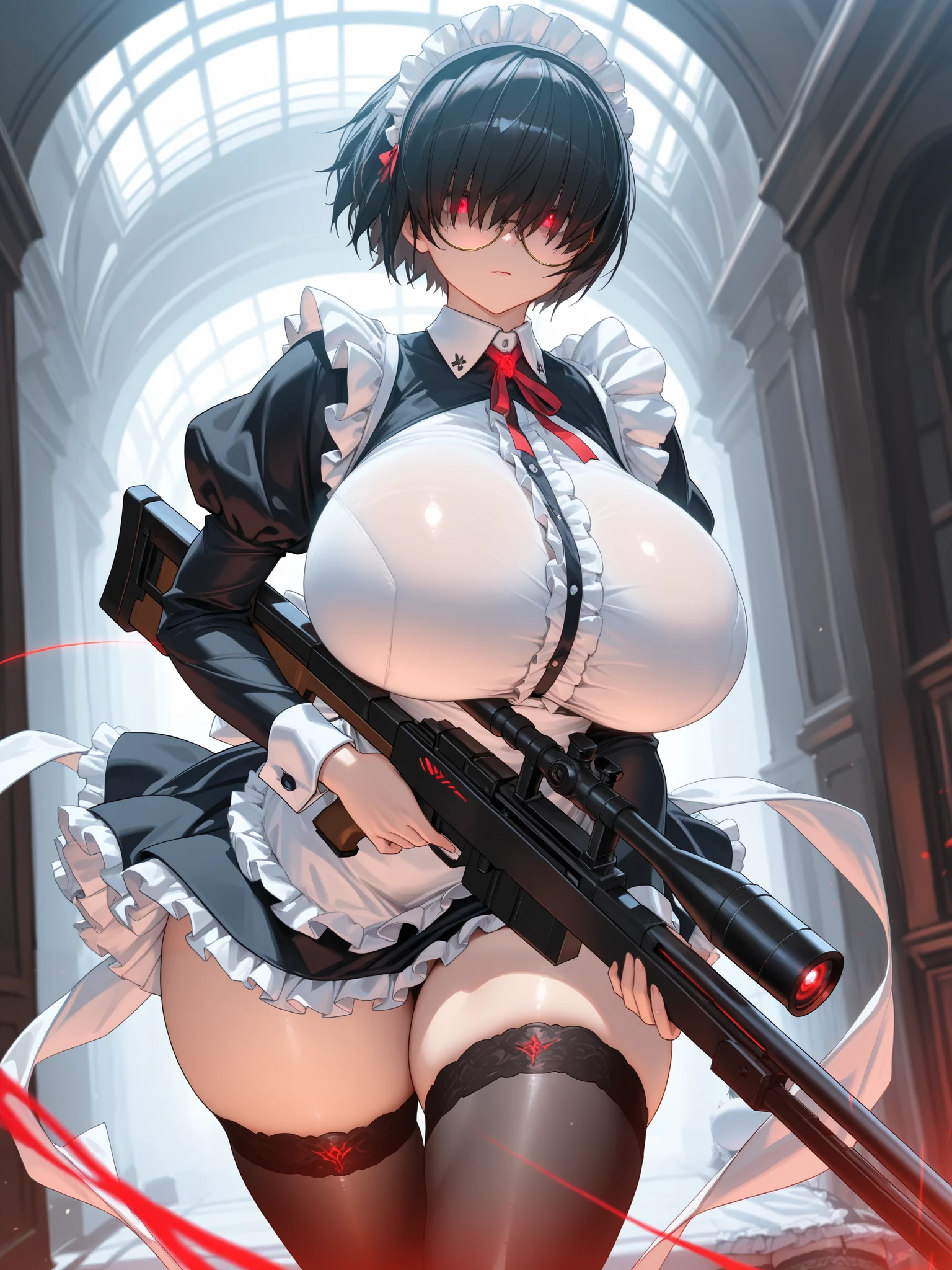 ((blood droplets)), ((blood)), ((blood splatter)), ((blood on clothes)), ((blood stain)), Masterpiece, Beautiful art, professional artist, 8k, art style by sciamano240, Very detailed face, Detailed clothing, detailed fabric, 1 girl, View from above, asleep in the fetal position on the floor, perfectly drawn body, legs open, (very big breasts), dead expression, lifeless, pale skin, beautiful face, black hair short ponytail, Closed eyes, detailed eyes, pink cheeks, glasses, choker:1.6, (white collar button down long sleeve shirt), black gloves, gloves that cover hands, (holding an ax in his right hand), (black leather corset), (shiny black leggings), Sensual Lips , evening de invierno, Dark road, dark forest, evening, Atmosphere, fog