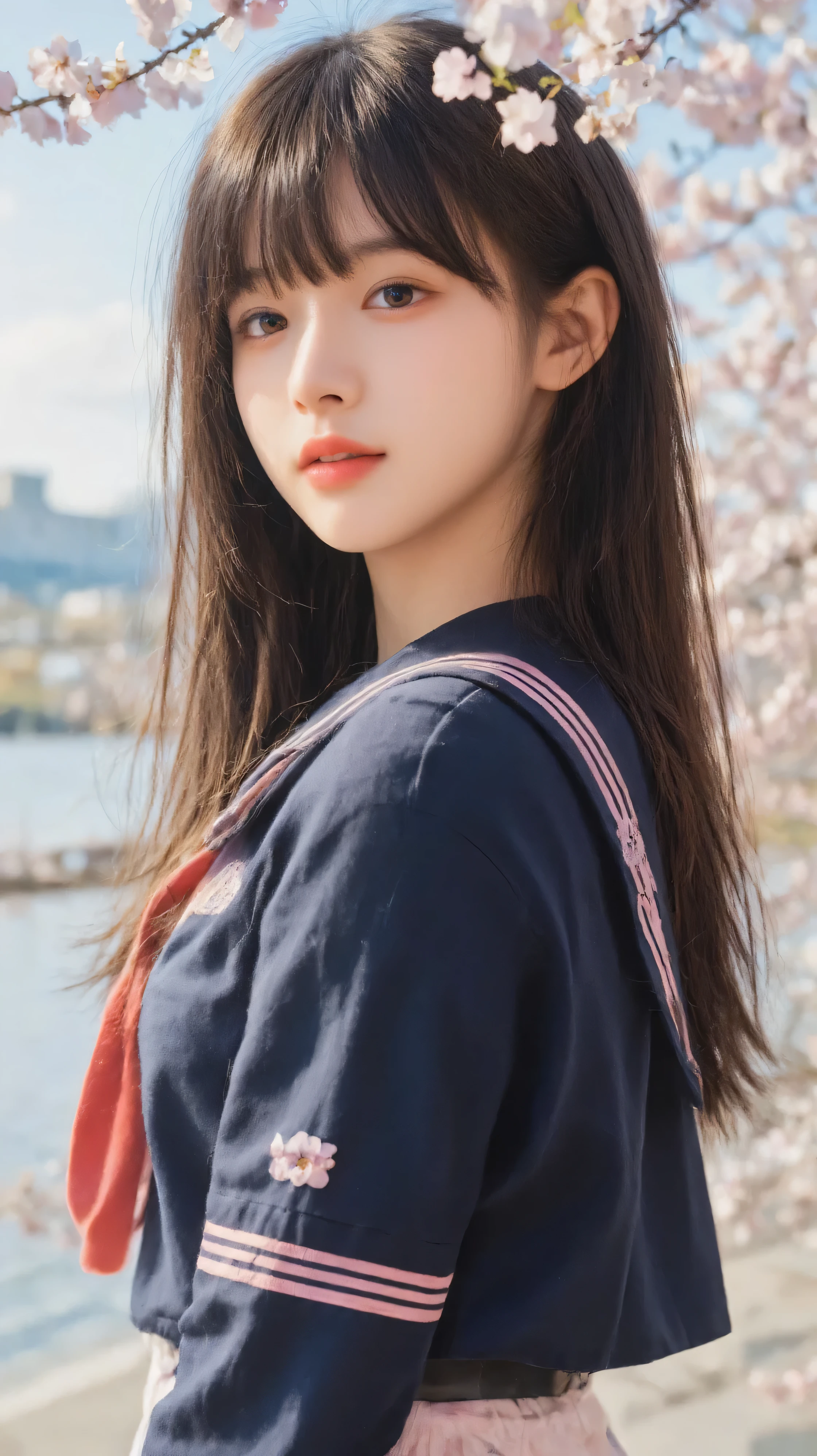 (full_body_shot:1.5), (8k, RAW photography:1.5), (Super Hyperrealism:1.4), (masterpiece:1.4), (photorealistic:1.4), (highly detailed:1.4), professional lighting, (deliberate expression:1.4).
(Girls wearing a navy blue long-sleeved sailor suits with pink lines:1.5), (Regular length sailor suit:1.5), (sailor suit with deep Pink :1.8), (Navy blue short skirt with pink lines:2), (White socks:2), (black Leather shoes:2),
(Clothes that reveal the chest:1.6), (not wearing a shirt under her sailor suits:2), (Wear color is only navy blue:1.7), (Sailor suit with no buttons:1.4), (naked underneath her sailor suits:1.4), (Girl is only wearing a sailor suits:1.4), (her neck is exposed:1.4), (Girl is not wearing any shawl, stole or muffler:1.4).
(well-proportioned body:1.5), (Great proportions:1.4), (Tall style girl:1.4), (long legs:1.7), (small head:1.6), (large breasts:1.4), (Shiny long black hair:1.5), (straight bangs:1.4), (Pink lips:1.4).
(Profile shot taken from a distance:2), (hair flowing in wind:1.3), (Full body view from the side:2), (sideways angle:1.6), (Girl gazing into the distance:2), (Girl looking at the distant sky:2), (Side view of a girl:2), (perfect side angle:2), (camera at 90 degrees from front:1.7), (Looking into the distance:2), (sideways pose:1.7), (profile view:1.8), (girl in side view:1.6), (complete side profile:1.6).
(girl standing under a cherry blossom tree in full bloom:1.6), (against large cherry tree:1.4), (cherry blossoms in background:1.3).