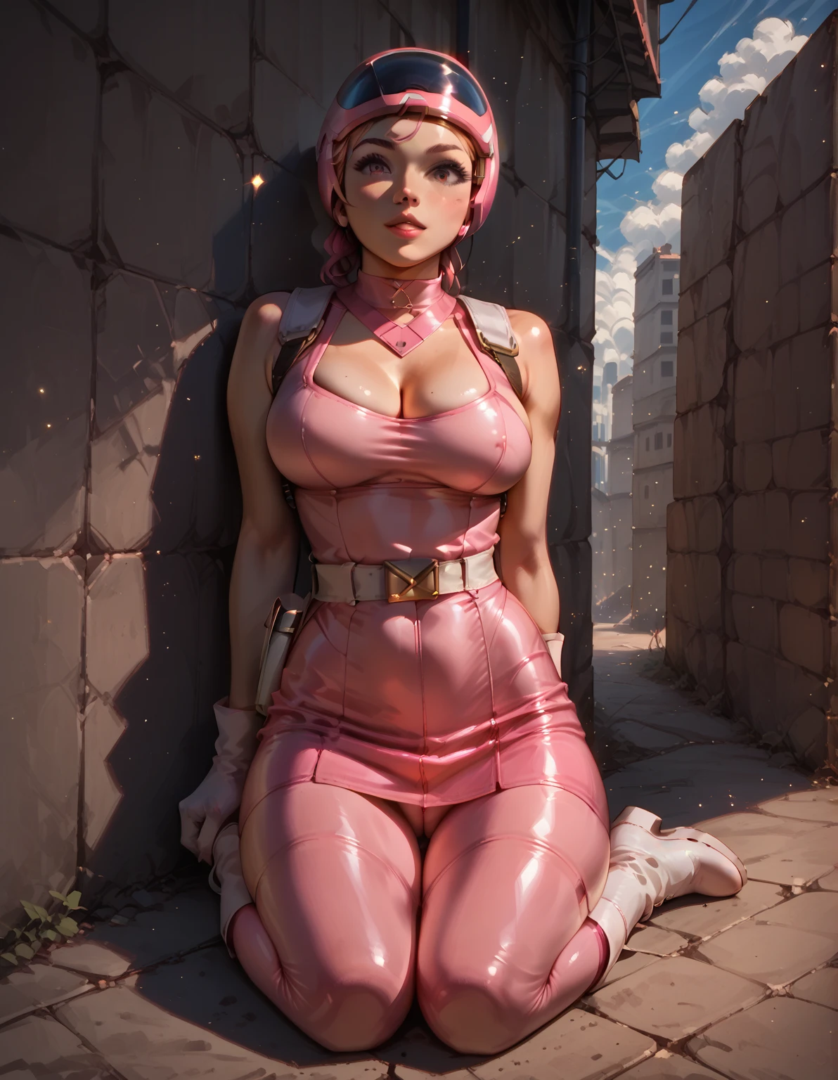 gwenpool, 1girl, blonde hair, multicolored hair, solo, blue eyes, short hair, gradient hair, belt, two-tone hair, pink hair, breasts. Big boobs, squatting