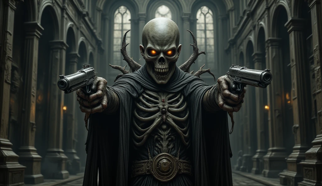 a fearfull Zombie standing in Catholic church, scythe of darkness in background, looking at the camera, scary, creepy, high key