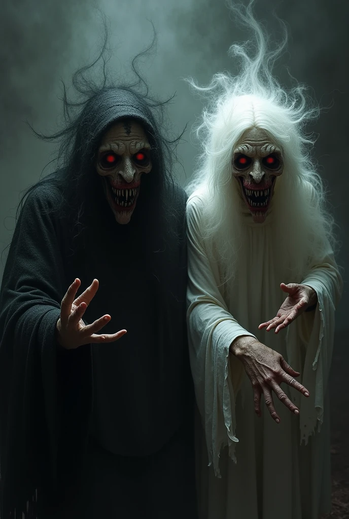 arafed woman in a white dress and a scary man in a black background, horror photo, scary picture, scary ghost, scaring, very scary photo, scary photo, haunted and sad expression, horror dramatic moment, horror image, scary pose, horror photography, haunted expression, haunted sad expression, scary, scary stories, horror movie scene, spiritual eerie creepy picture