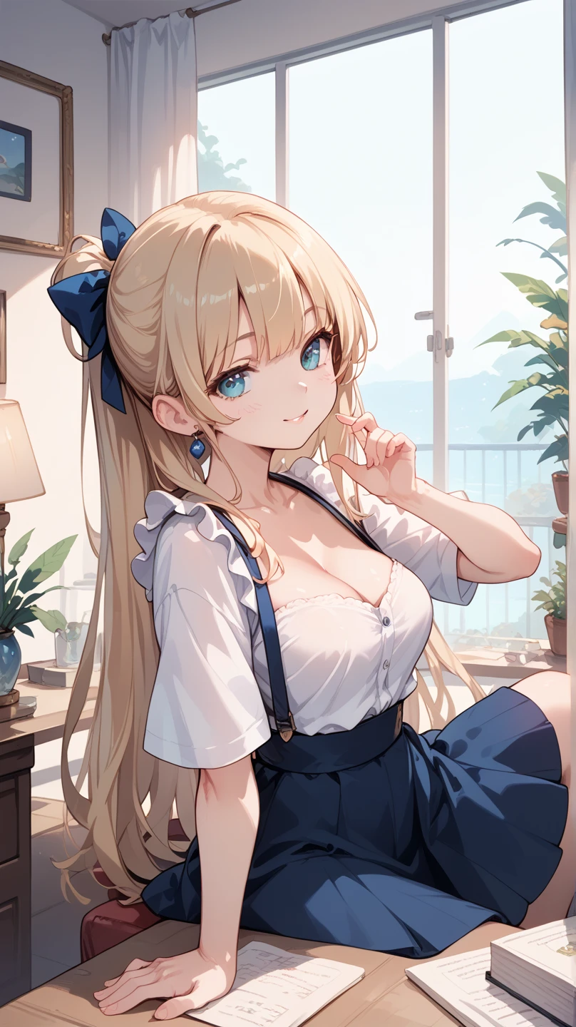 Highest quality,masterpiece,8k,Blonde with blue eyes、camisole、mini skirt,Cleavage,Side are visible,Large Breasts、Twin tails、Girl Brat,