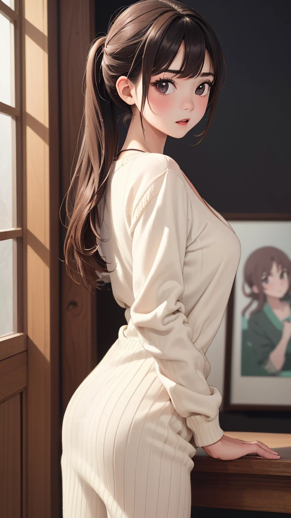 1lady standing, (looking back) (from behind), /(ribbed sweater/), mature female, /(brown hair/) bangs, thighhighs, blush kind smile, (masterpiece best quality:1.2) ultra-detailed BREAK (modern house) indoors