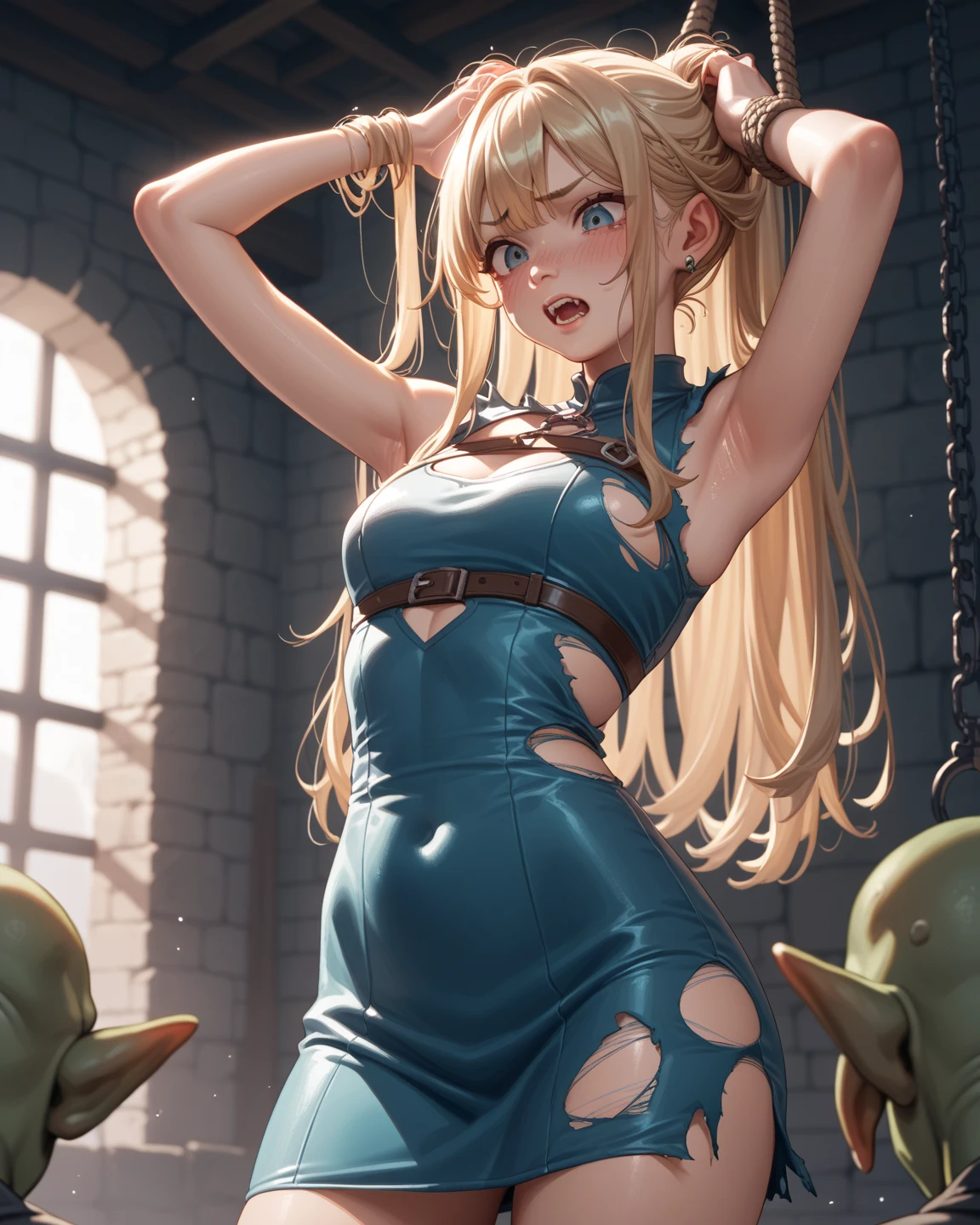 (masterpiece, Highest quality:1.2), Cowboy Shot, alone, one person, Riesz, View your viewers,, Long hair tied low, Winged Helmet,green dress, armor, shoulder armor, Bridal Gauntlet, ,(In a prison with iron bars:1.4),(The whole body is restrained with chains:1.8),(A girl gropes masts from 1.4)