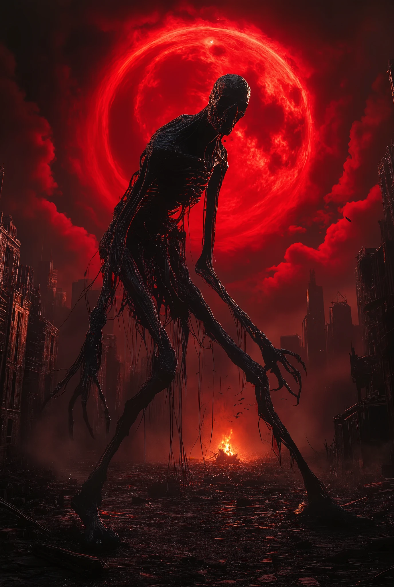 A terrifying black skeleton emerges from a huge red portal in the sky. A crimson portal in the shape of a circle over the city of skyscrapers. The hands are black. The crows are flying in the sky. a crimson sunset, scarlet clouds in a black sky. A campfire is burning. the ruins of the city . the door to hell