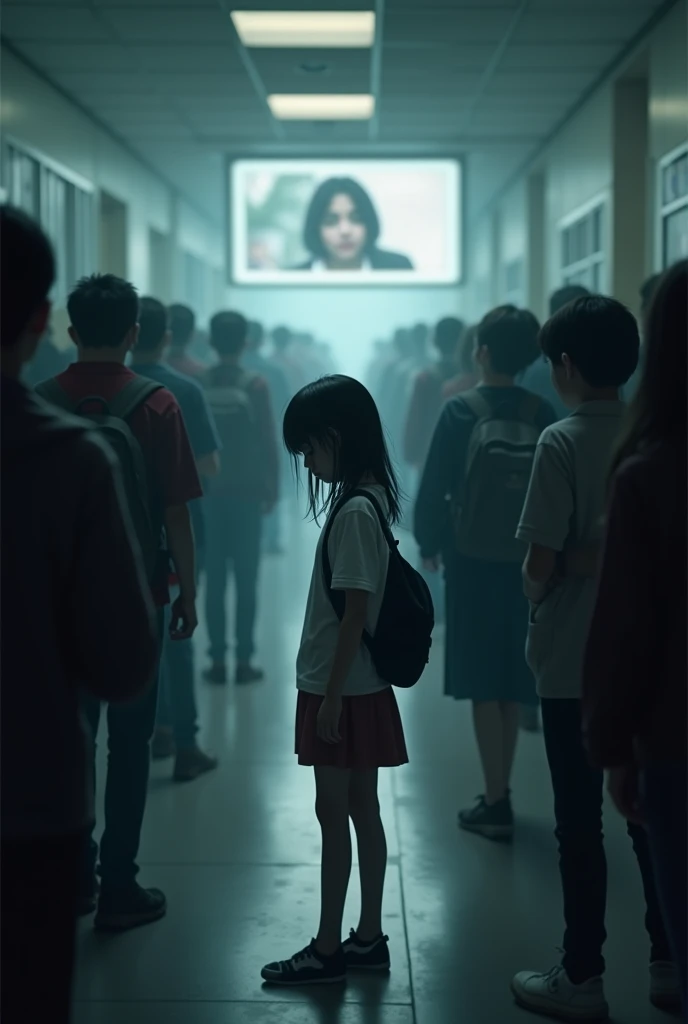 A small sad girl stands beside a dpeaking podium