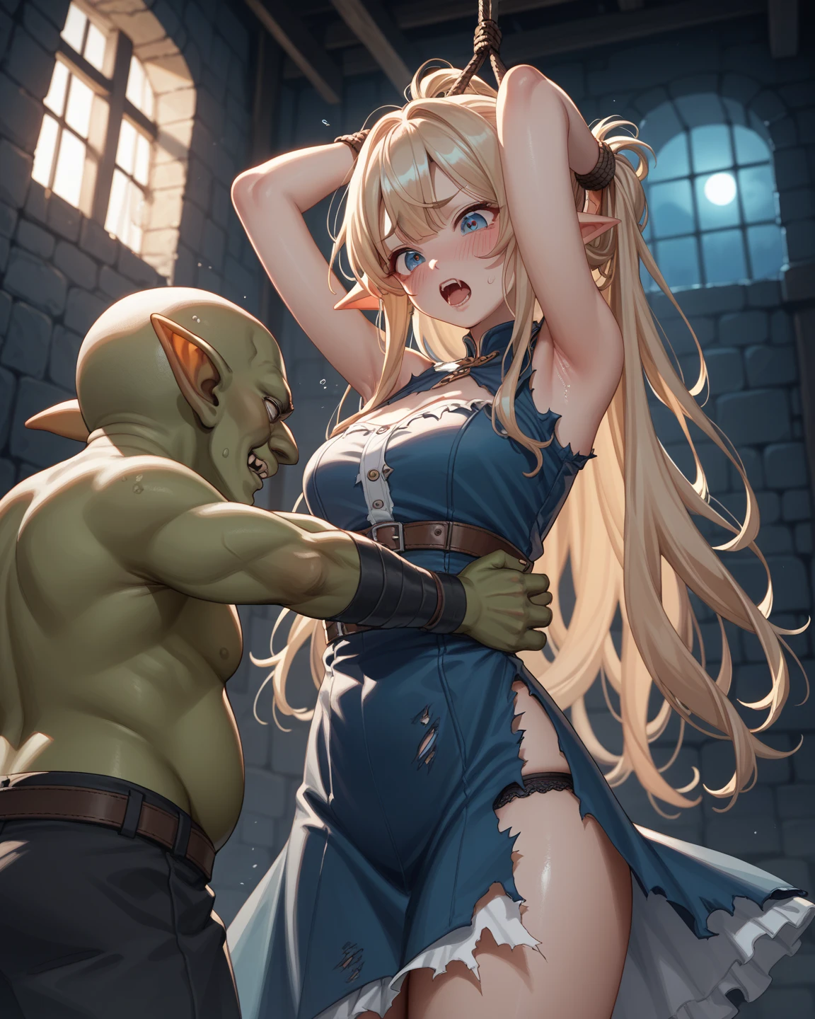 NSFW,Faltria,(fantasy attire:1.5),Embarrassed,blush,(Perfect hands),(Perfect Anatomy),(masterpiece),(highest quality),in the forest,One man,being molested by a goblin,A goblin is groping her breasts, (surrounded many goblins:1.3) ,I feel pleasure,(orgasm:1.3),Having sex,Creampie,Are standing,Leaning forward