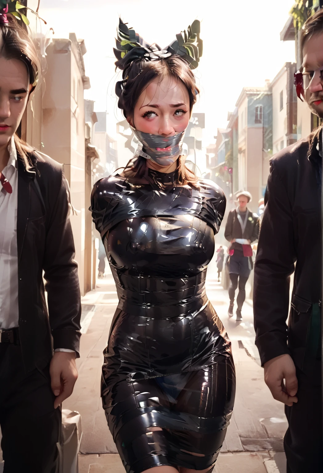 (8k, best quality, photorealists, realisti), Catwoman with large neckline, Neck is visible, sexly, Nice, hot, horrified, strangle, gasping for air, choked, screaming, horrifieder Gesichtsausdruck, is hanged, is hanged on the gallows, Rope tied tightly around the neck, Dicker Rope tied tightly around the neck, Thick rope tied under the chin around the throat, Cut off air, hängt am Hals tied up in der Luft, half a meter in the air, Feet not on the ground, Niceer Hals, sehr Niceer Hals, long neck, sehr long neck, good view of her neck, Catwoman strangle, can no longer breathe, Face tilted to the sky, Head thrown back, Body straight, Neck stretched, Shoulders hanging, hands behind the back, cannot move hands and arms, tied up, Throat pressed shut with a rope, on a sunny day in a secluded alley in Los Angeles with an audience around her.
