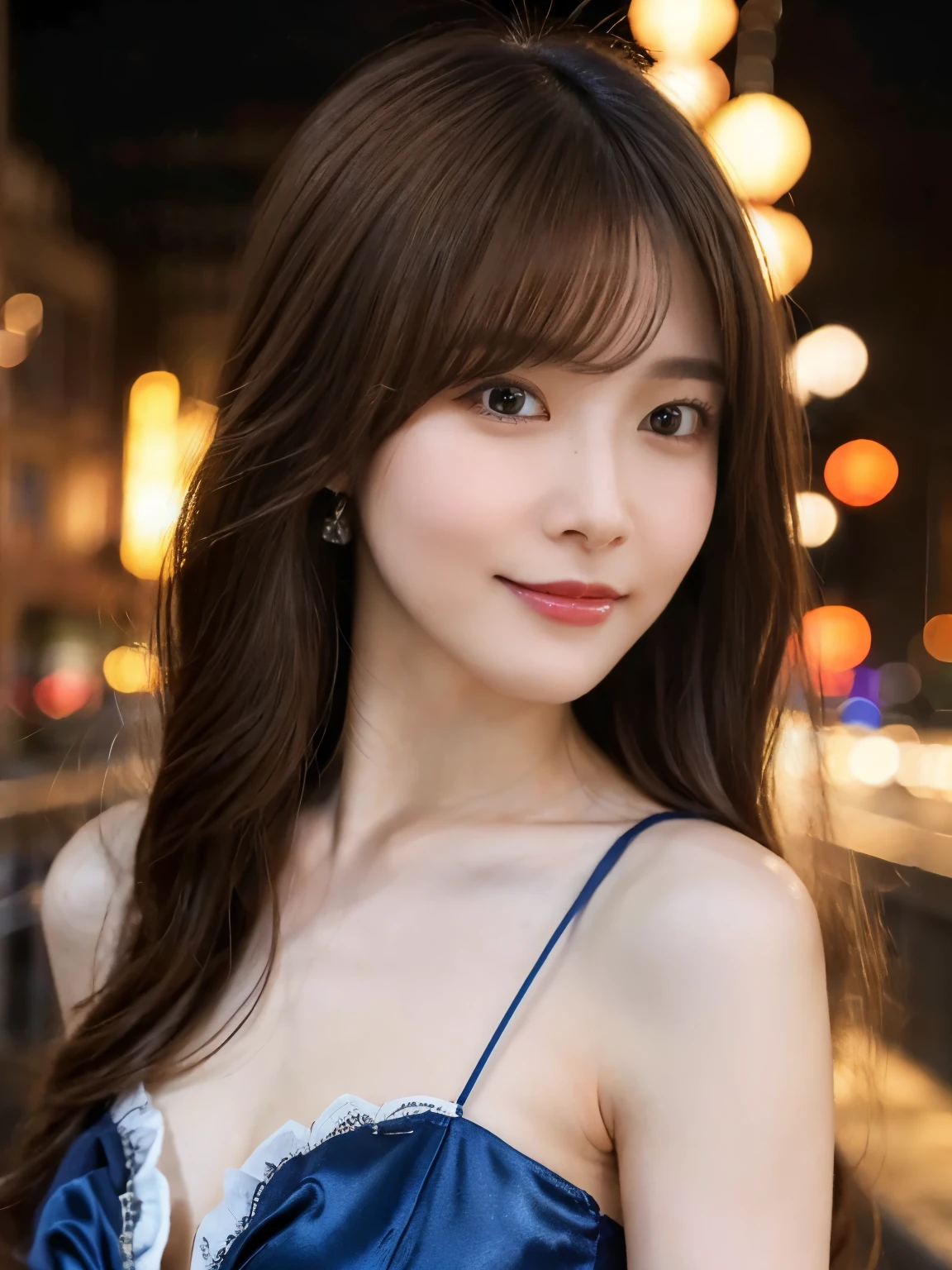 (detailed skin:1.2),(shiny skin:1.1),8k,best quality, masterpiece, ultra high res,(fair skin:1.2), Long sleeve blouse、Light brown hair、髪の長さ肩まで、Ear piercing、Necklace around the neck、smile、Beautiful teeth alignment、Pier at night