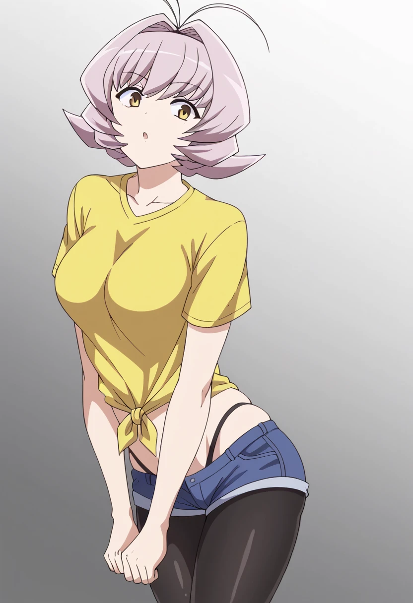 Najimi osana , yellow t-shirt with slender straps, tied t-shirt, bare abdomen, black thong with ties on the sides, short light blue shorts, very tight thigh-length black tights.