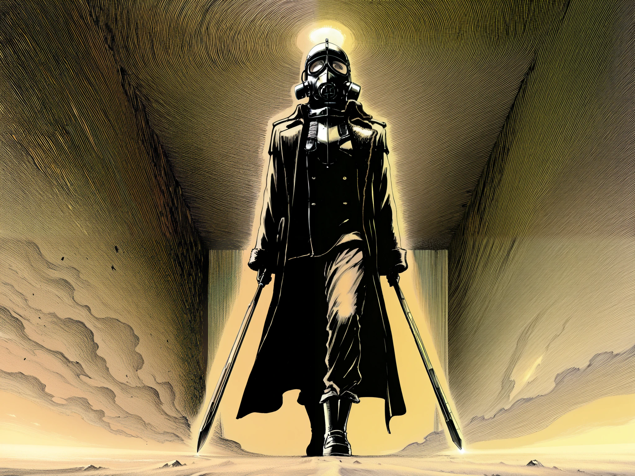 HDR, 8K, high contrast, masterpiece, best quality, amazing quality, very aesthetic, anime artstyle, realistic, newest,
BREAK
A person wearing a gas mask standing in a wasteland. Expansive. Megalophobic. Agoraphobic. Side angle. Looking to side. Long flowing trnch coat. Dull colors. Cover art.