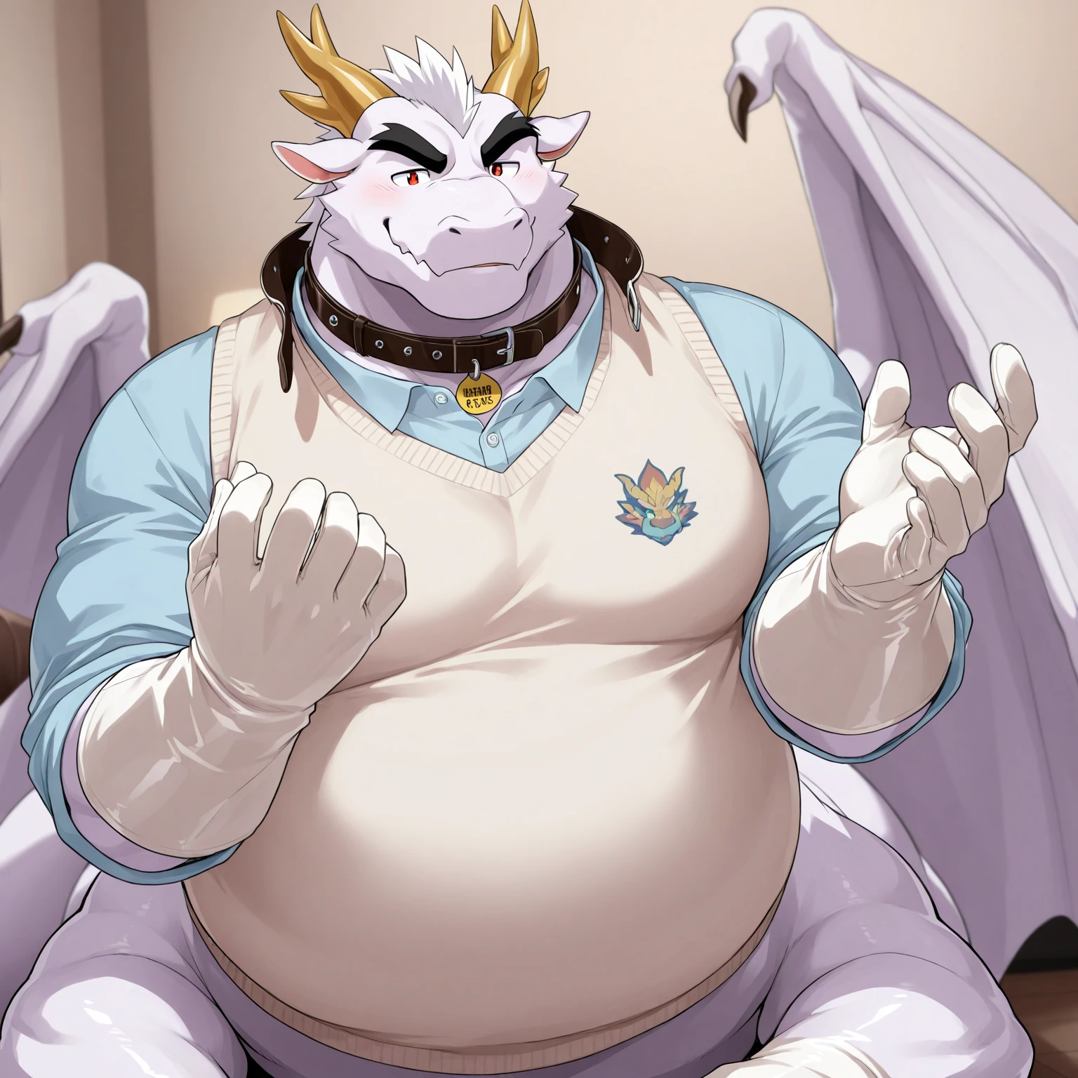 (((detailed eyes, detailed face))), (bara, oumi <lora:character_oumi_findigo_v2:1>, dragon tail, wings, scar), male, (plump, fat, chubby, overweight), (closed kimono, blue cape, thick belt, fundoshi, white male underwear, sandals), sitting, arms behind back, smile BREAK (konzaburou, ukan_muri, cute), bedroom, (soft shading), 8k, UHD, masterpiece