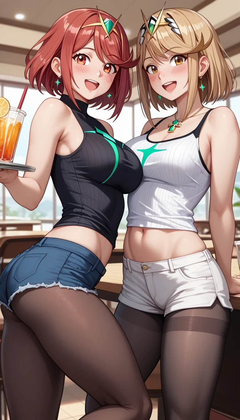(2heads:1.1), (1boy:1.1), (male female couple), red eyes, short pink hair, long blonde hair, braid, long hair, cute, (masculine:1.5), (masterpiece), (high quality), (best resolution), :D, cute face, black nails, looking at viewer, anime convention, beautiful background, hand on hip, (pink hoodie), skirt, (wide hips:1.3), (thick thighs:1.3), (masculine chest:1.1), (flatchested)