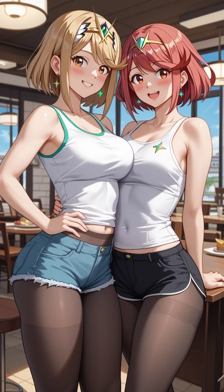 score_9, score_8_up, score_7_up, source_anime、top quality、8k、 masterpiece、ultra high definition、 natural light、perfect anatomy、 perfect eye、beautiful eyes、((((two women))))、medium breasts、saggy breasts:1.2、Pyra , mythra, ( tight tank top、shorts、pantyhose)、((is embarrassing:1.3、happy))、(Restaurant)、 stand and pose