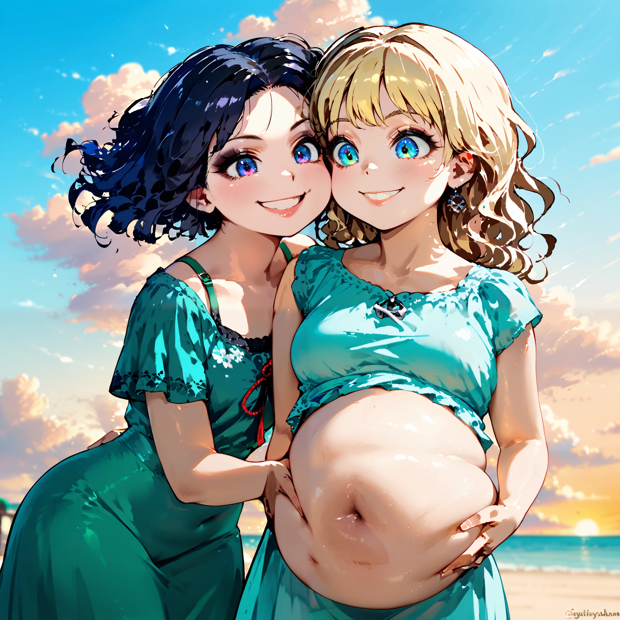 score_9, Score_8_up, Score_7,detailed, hirune style, 2girls, (one fat italian woman), (one skinny goth girl with blonde hair and dark makeup), curly thick hair, black hair, bright eyes , tight and undersized vintage 1990s floral sundress, green thong, (big evil smile emotions) r, hanging breasts, deep navel, (her belly is being grabbed by another woman:1.2) (one woman grabbing another womans belly:1.3) () standing upright (seaside background) (sunrise), (squishy belly:1.1)