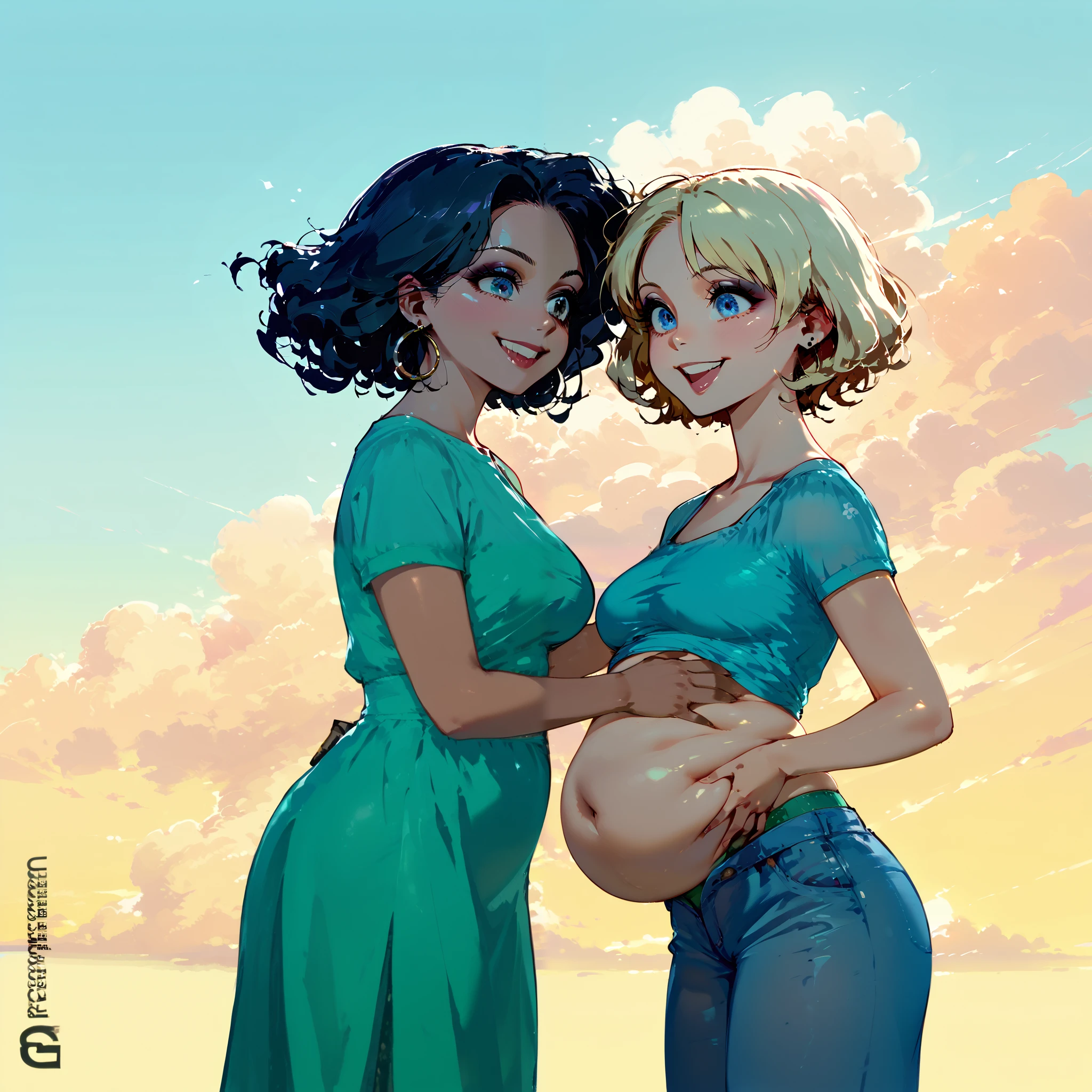 score_9, Score_8_up, Score_7,detailed, hirune style, 2girls, (one fat italian woman), (one skinny goth girl with blonde hair and dark makeup), curly thick hair, black hair, bright eyes , tight and undersized vintage 1990s floral sundress, green thong, (big evil smile emotions) r, hanging breasts, deep navel, (her belly is being grabbed by another woman:1.2) (one woman grabbing another womans belly:1.3) () standing upright (seaside background) (sunrise), (squishy belly:1.1)