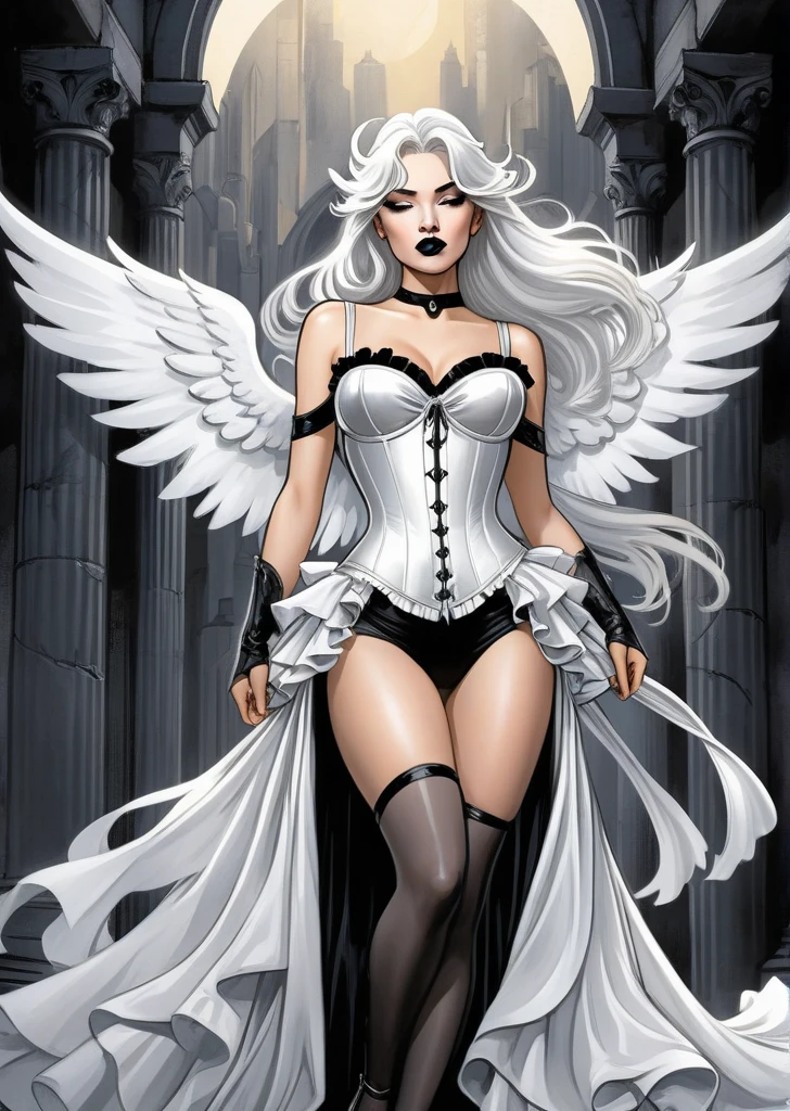 A stunning, modern american style comic art with:
	+ A beautiful young woman with silver hair (silver-haired) and wings that allow you to fly (flying wings)
	+ She is dressed in a flowing white satin outfit (white silks), showing your curves and elegance
	+ Your facial expression should convey confidence, Determination, or maybe a hint of mischief
* Art should have:
	+ A bold, dynamic color palette with a focus on blues, Whites, and silver to match the heroine&#39;s wings and hair
	+ Intricate details and textures to enhance the folds of your clothes and the smoothness of your skin
	+ Strong lines and shading to create depth and dimensionality