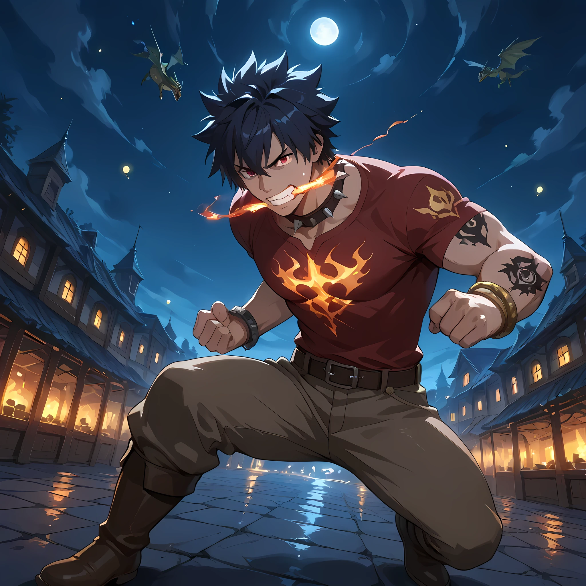(a man similar to Gray Fullbuster, man with his back to the viewer, developed physique, worn red shirt tightening his chest, long brown pants, man clenching his fists and in battle pose, brown leather boots, spiked collar, red eyes, dragon tattoo on his right arm, bronze bracelets), fighting a dragon, BREAK, ten meter tall crawling dragon in front of a man, purple eyed brown dragon, dragon preparing black flames in its mouth, steel tailed dragon, dragon walking slowly towards the hero, fireflies around the dragon, focus on the dragon in epic anime fantasy style, epic scenery, spectator's point of view, epic battle between Gray Fullbuster vs a giant dragon, destroying the medieval city anime style, night sky, city devastated by the battle against the dragon, people running in the distance | best image quality, masterpiece, Full HD, scenery rich in detail, color balance, perfectly detailed eyes, rich facial details, better shading, lighting balance, (counter-dive angle:1.2).