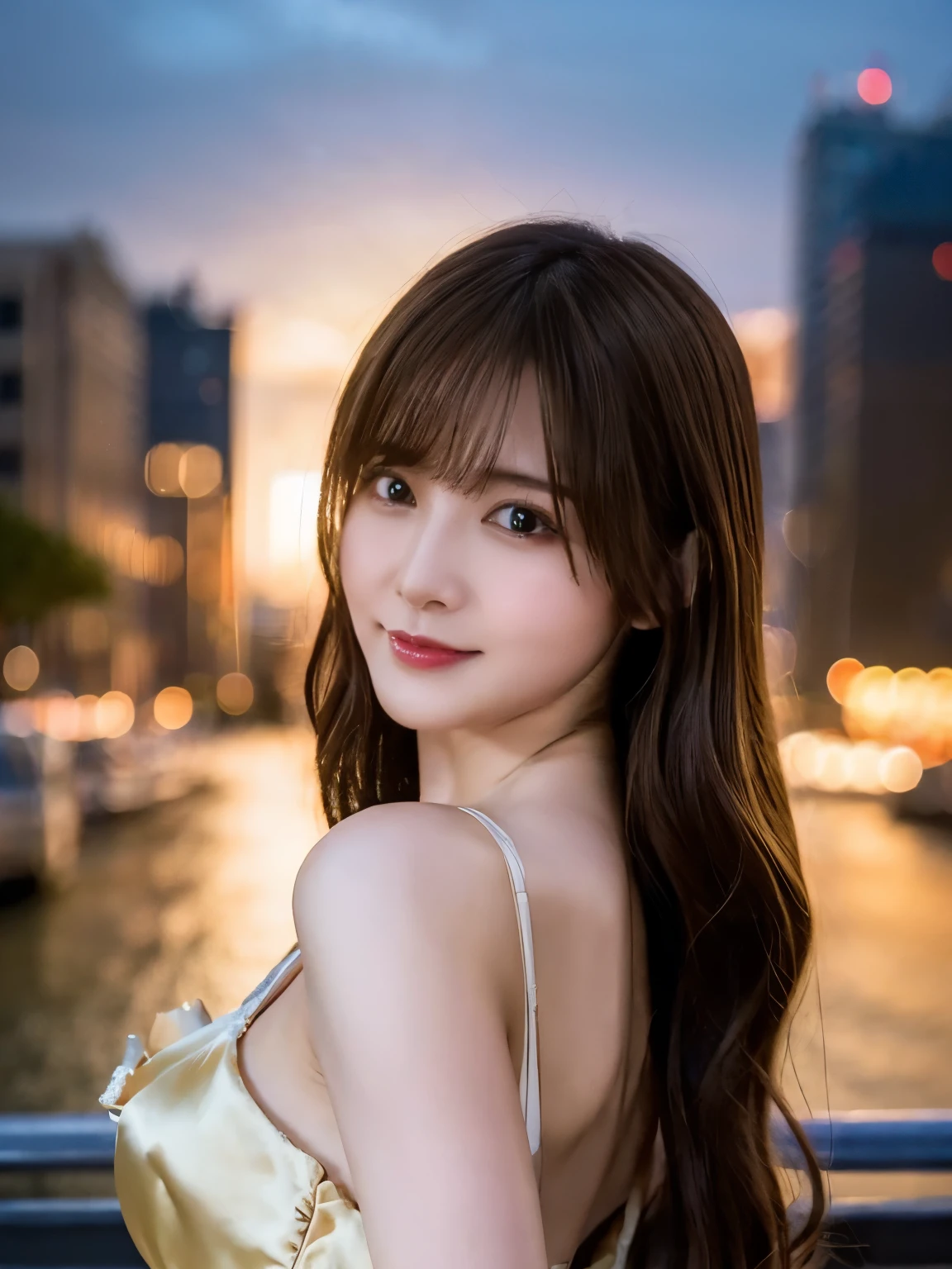 masterpiece、1 beautiful girl、Detailed eyes、Puffy eyes、highest quality, 超A high resolution, (Reality: 1.4), Cinema Lighting、Japanese、Asian Beauty、Super Beauty、Beautiful Skin、Slender、Body facing forward、(Surreal)、(High resolution)、(8k)、(Very detailed)、(Beautiful and detailed eyes)、(Ultra-detailed)、 (wall-)、Detailed face、Bright lighting、Professional Lighting、View your viewers、Look straight ahead、(The costume is a knit dress)、Long Hair, My hair is messy, Asymmetrical bangs, 、Night Scenery、Brown Hair、Japan is an idol、Korean Idol、Gravure idol pose、、21 years old、expensive, smile, Natural Sunset