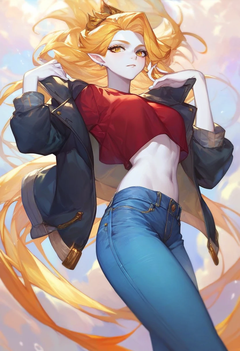 Masterpiece, best quality, Masterpiece, best quality, 1 woman, long blonde hair , Topless , ยีนส์Long legs , Unbutton your pants. , big breasts , abdomen , Long legs , shoe , floating body , Stretch out your arms and legs. , space , Gravity free , darkness , full body
