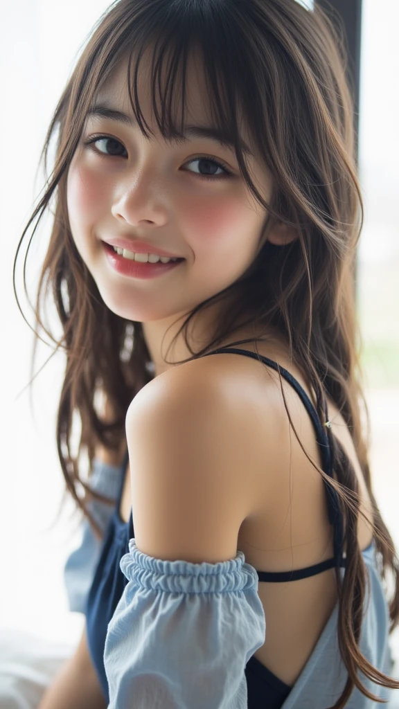 masterpiece, best quality, 1 girl, detailed beautiful face, 10 years old, off shoulder t-shirt, smiling
