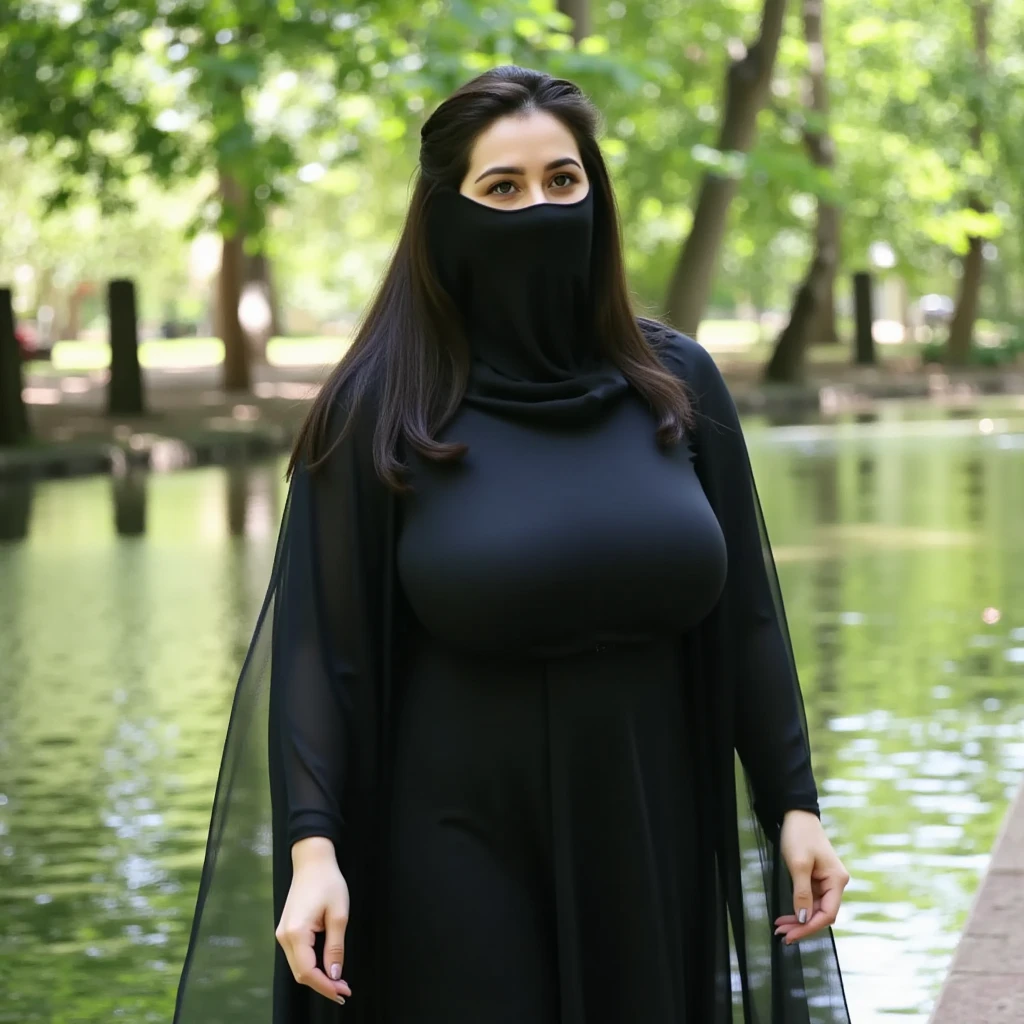 High resolution UHD, Improvement of quality, Soft lighting, Highly detailed, Very detailed on clothes, high quality clothes, Advanced Details, Sharp Focus, High resolution, Big Boobies, Big Breasts, Breasts Covered With Hijab and Dress, Real clothes, Real Lighting, Same clothes, Same dress With Big Breasts, Big Boob Undershirt covered