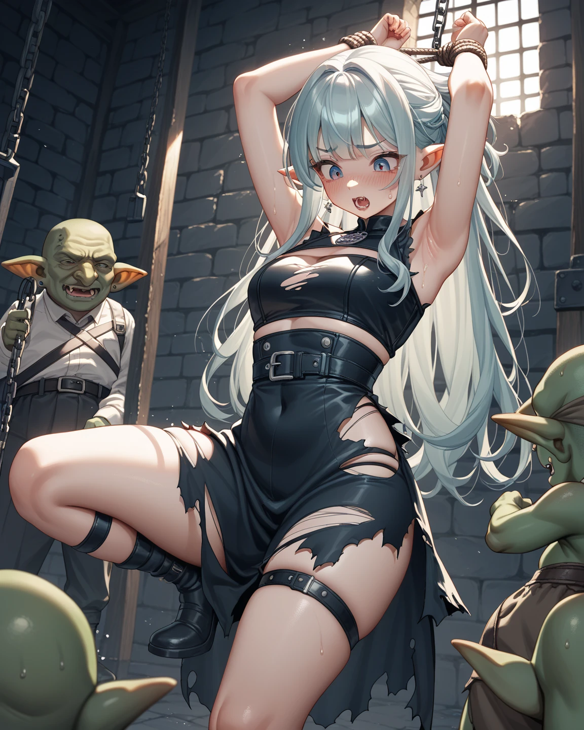 masterpiece, absurdres, 4k, (green skin), small pointy ears, portrait goblin woman psychiatrist, wearing ornate leather catsuit, wearing silk pantyhose, posing with a whip, dynamic pose, wide stance, jewelry, medium breasts, sly smile, ((long silver hair)), volumetric lighting, grey eyes, ambient lighting, dimly lit, sexy lighting, cinematic still, sexy, dangerous, turned on, whips and chains in background, pov floor, stepping on viewer, stepping on camera, very low pov, foot in face, FFB, from below, sole, feet, looking at viewer, view of bottom of foot, focus on foot, perfect feet