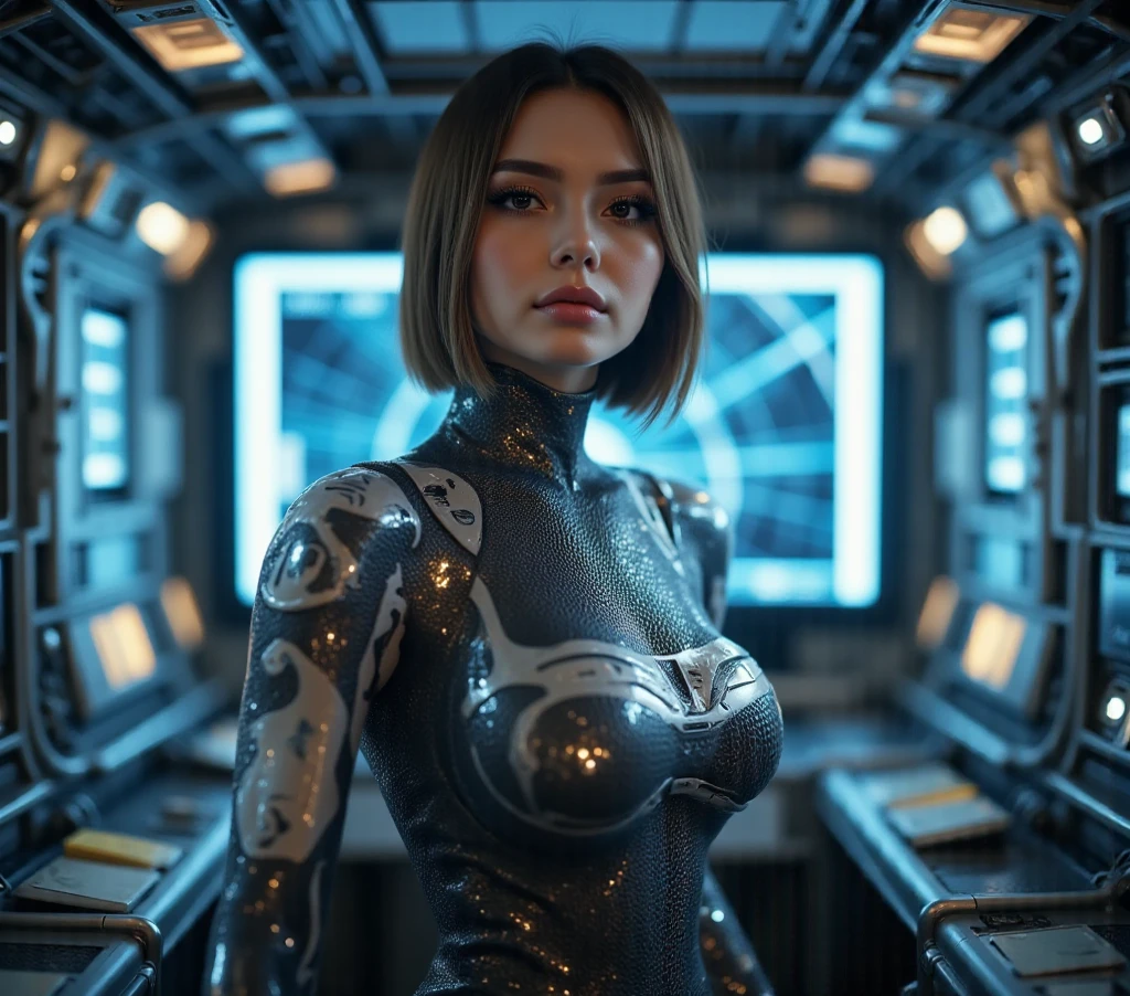<lora:scarlettJohanssonLora_v10:1>, scarlett, Dystopian, [sci-fi], High Detail RAW color Photo, Full Shot, of (cute female arterial intelligence, rear angle, cybernetic enhancements), indoors, standing, (inside cryogenic chamber, in advanced cyberpunk research facility), toned physique, (small perky breasts, normal nipples), large ass, (pale skin), (cybernetic implants:1.2), (augmentations), (cyborg:1.1), (detailed skin, diffused skin pores), silicone, metal, (highly detailed, fine details, intricate), (lens flare:0.4), (bloom:0.4), diffused soft lighting, raytracing, shallow depth of field, (Oliver Wetter), photographed on a Canon EOS 5D, 90mm micro lens, f/8, sharp focus, smooth, cinematic film still from Blade Runner 2049, [Cyberpunk:Dieselpunk:0.25]
