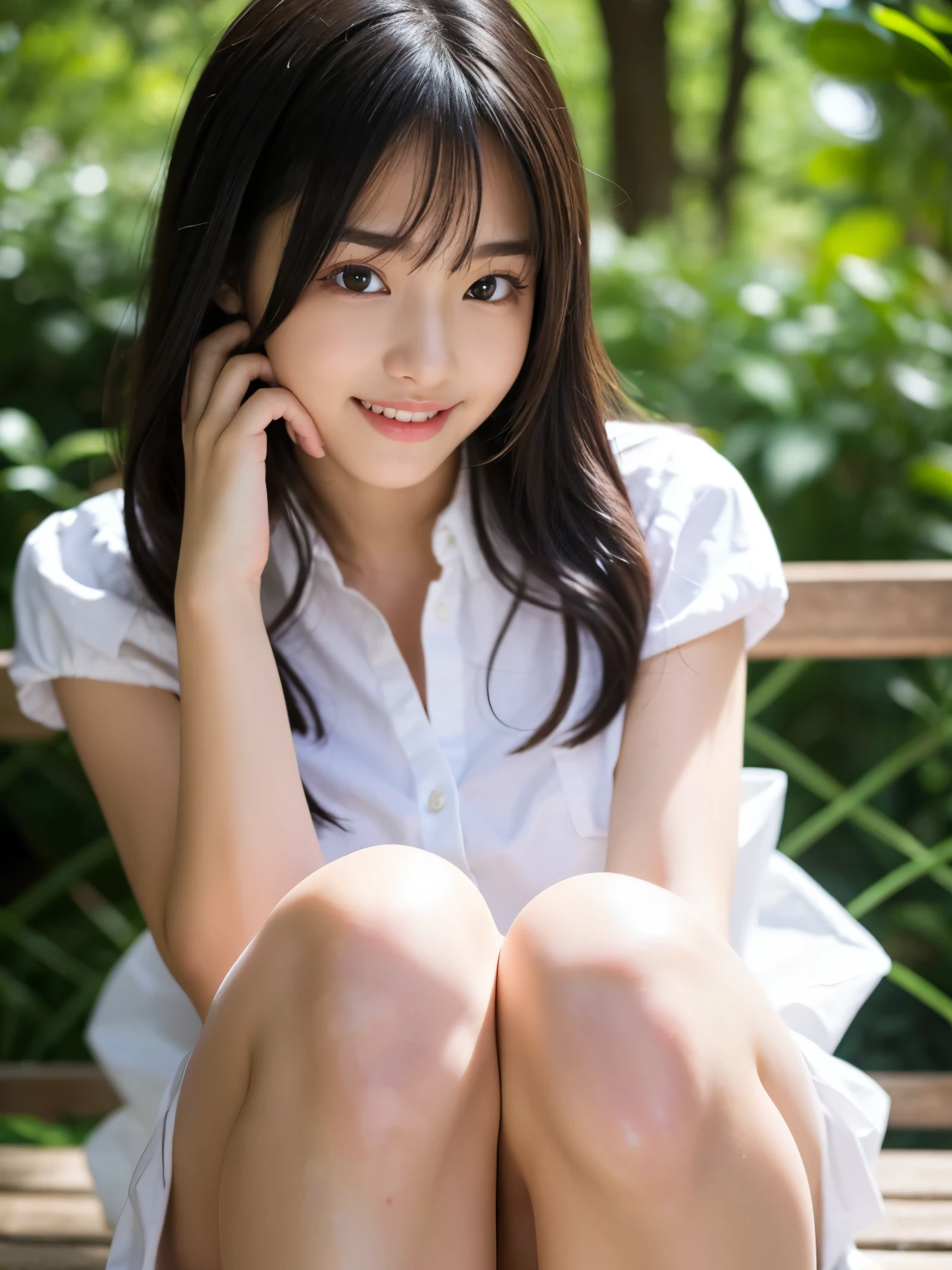 (very long hair:1.3),(big smile:1.3),(happy smile:1.3),(sexy panties:1.3),(white panties:1.2),(realistic silk panties:1.3),(double eyelids:1.3),(long eyelashes:1.3),Japanese school uniform,(Looking directly at Viewer:1.3),32K, masterpiece, Raw photo, Best Quality, Photorealistic, Highly detailed CG Unity 32K wallpaper,(Extremely beautiful face, Beautiful lips, Beautiful eyes, beautiful teeth), detailed teeth, intricate detailed face, ((Ultra detailed skin)) 1girl in, Cutest Pretty Japanese girl, Super idol, 1 girl,(Happy smile), Clear eyes, (pale skin), (Big eyes:1.2), (Brown hairs), thick thighs, ,balanced elegant face, drooping eyes