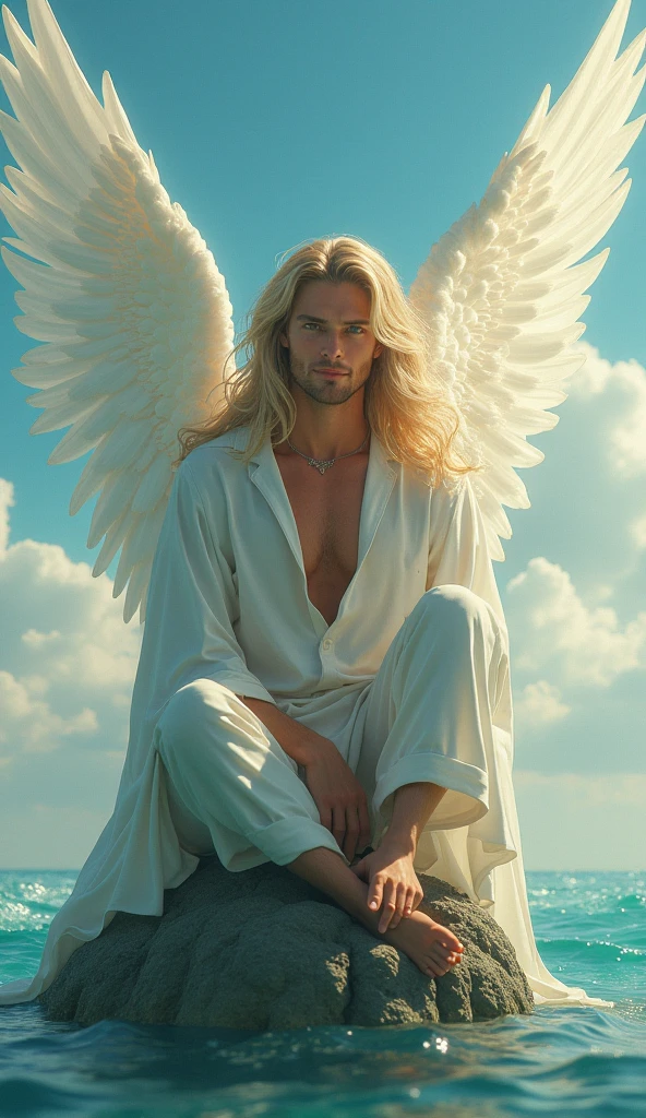 a beautiful handsome blonde man, muscular, naked, large white feathers drifting down, winged arms, a fallen angel, full body image, low angle view