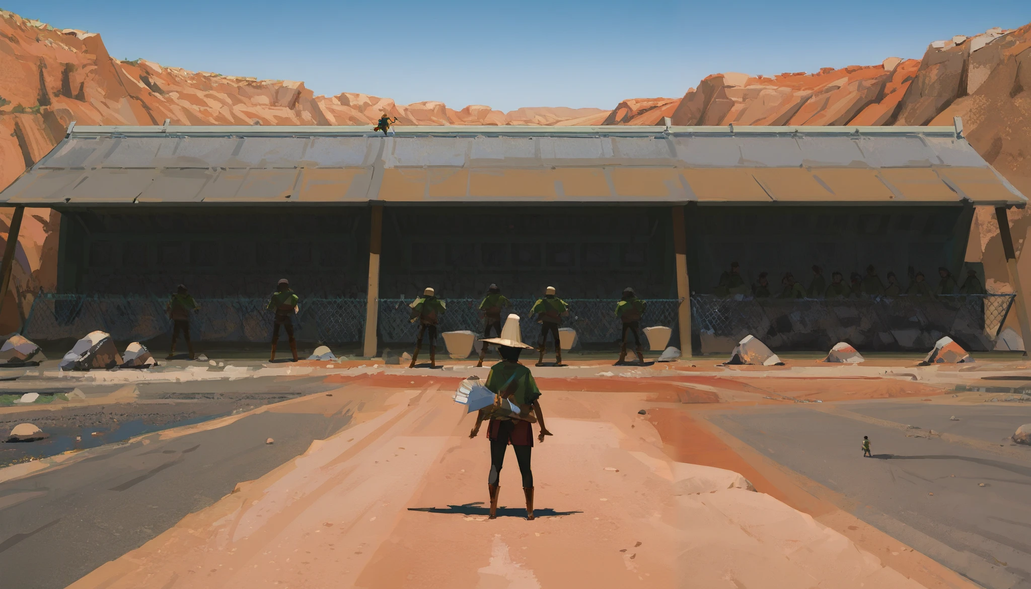 Yun Lin, sketch, sunlight, wide frame, red wasteland, red canyon, (very high detail),4k,8k,HDR, best quality, stunning quality, landscape, building, chain-link fence, day, ((several crowds of people around a cone-shaped rock)), ((barracks, camp, unpaved roads)), infrastructure with high , detailed background, (depth sharpness: 0.9), (convergence of points: 0.9),People have different cones on their heads, ((foreshortening from afar:1.3)), ((landscape from a height, foreshortening from the sky)), tiny people, small roads, small car