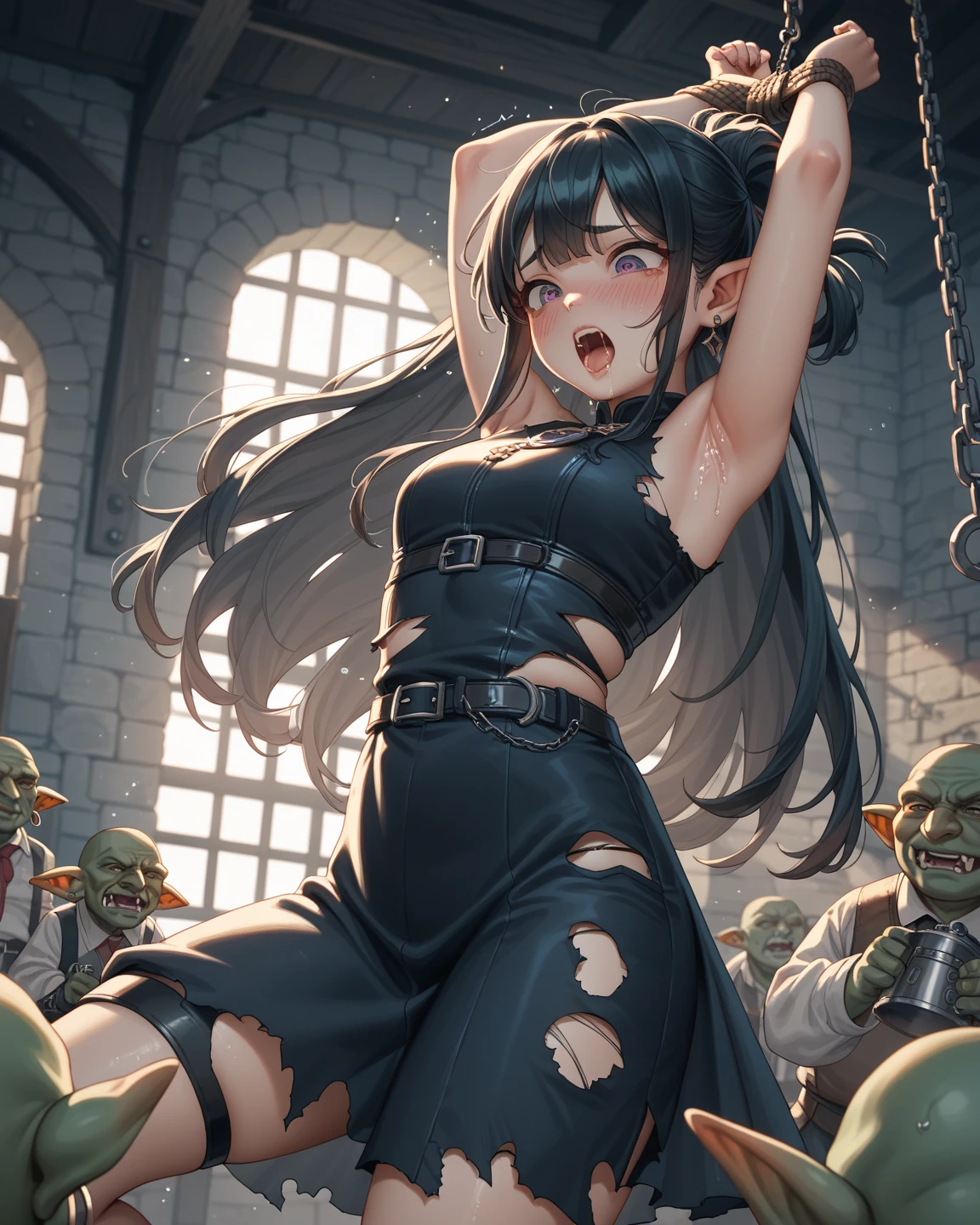 masterpiece, 最high quality, High resolution,  Final Fantasy 7、Tifa Lockhart、Black torn clothes 、Black ripped pantyhose、Dark church at night、sexy、Wearing a mini skirt、Thin legs、Big Breasts、Slim figure、high quality　CG Tone、Torn black panties、Black blindfold、While wriggling the body、trembling、Forceful spurt of clear fluid from the genitals、Intense orgasm moment、panting loudly、Please open your mouth wide、黒いsexyな服、panic、A moment of intense ecstasy、Long black hair、resist、Raped by a bunch of goblins、Sex with gobliny body was licked by a goblin
