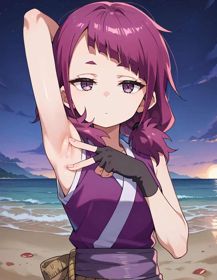 shakuyaku, sleeveless, japanese clothes, hightighs, fingerless gloves, anime screenshot, shiny skin, high quality, solo, upper body, (contrapposto), spread armpit, armpits, armpit focus, v, closed mouth, night sky, beach, looking at viewer, expressionless, best quality,