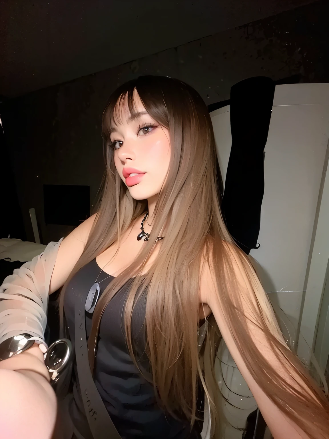 Brown long straight hair,Middle-parted bangs,Natural and beautiful hair,Background marble tiles,Simple and clean