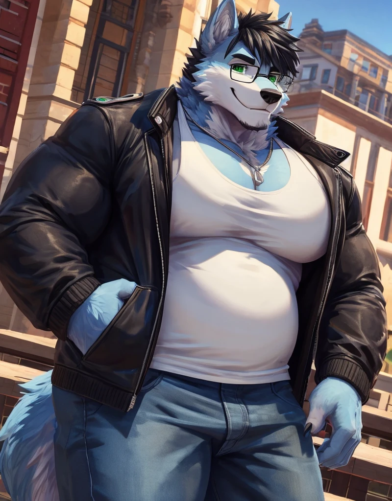 anthropology, wolf, hairy, black and white fur, fat, old-age, hairy, jockstrap , Sweating, Sparkling blue eyes, Big pink‚ with big‚ abs‚ handsome‚ sex, smile, collarbone, pink nipples, nipple piercing, on the street, harness, harness ring, one hand behind head high quality, super detail, 1080P, high quality, high quality, best quality, 8k, super detail, 16k