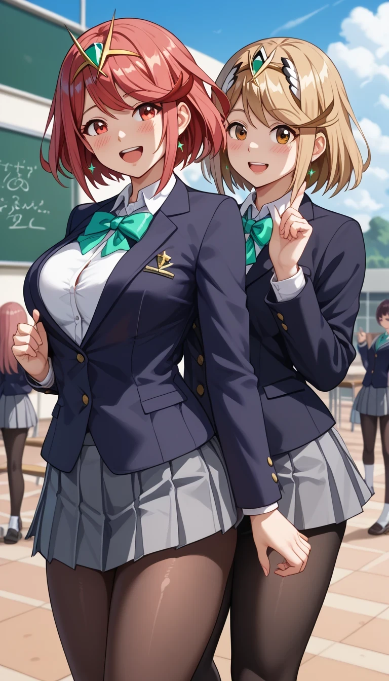 score_9, score_8_up, score_7_up, source_anime、top quality、8k、 masterpiece、ultra high definition、 natural light、perfect 、 perfect eye、beautiful eyes、((((two women))))、medium breasts、saggy :1.2、Pyra , mythra, (school uniform、blazer、ribbon、miniskirt、pantyhose)、((is embarrassing:1.3、happy))、(school classroom in front of a crowd)、standing pose