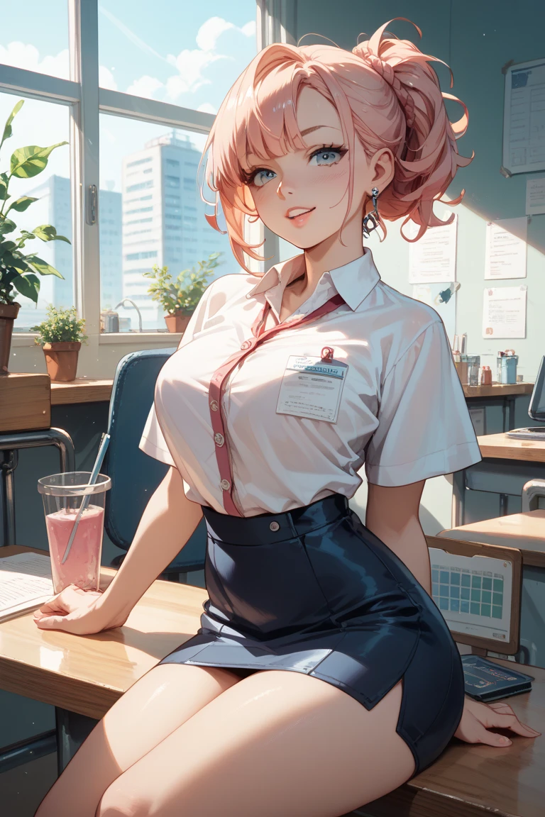 ((masterpiece, best)),(1girl),((mature woman)), light pink hair, dizzy, trumpet, ((office lady)), bangs, mid-chest, (full), slim, smiling, [wide hips] ,office,standing, aru \(blue archive\),